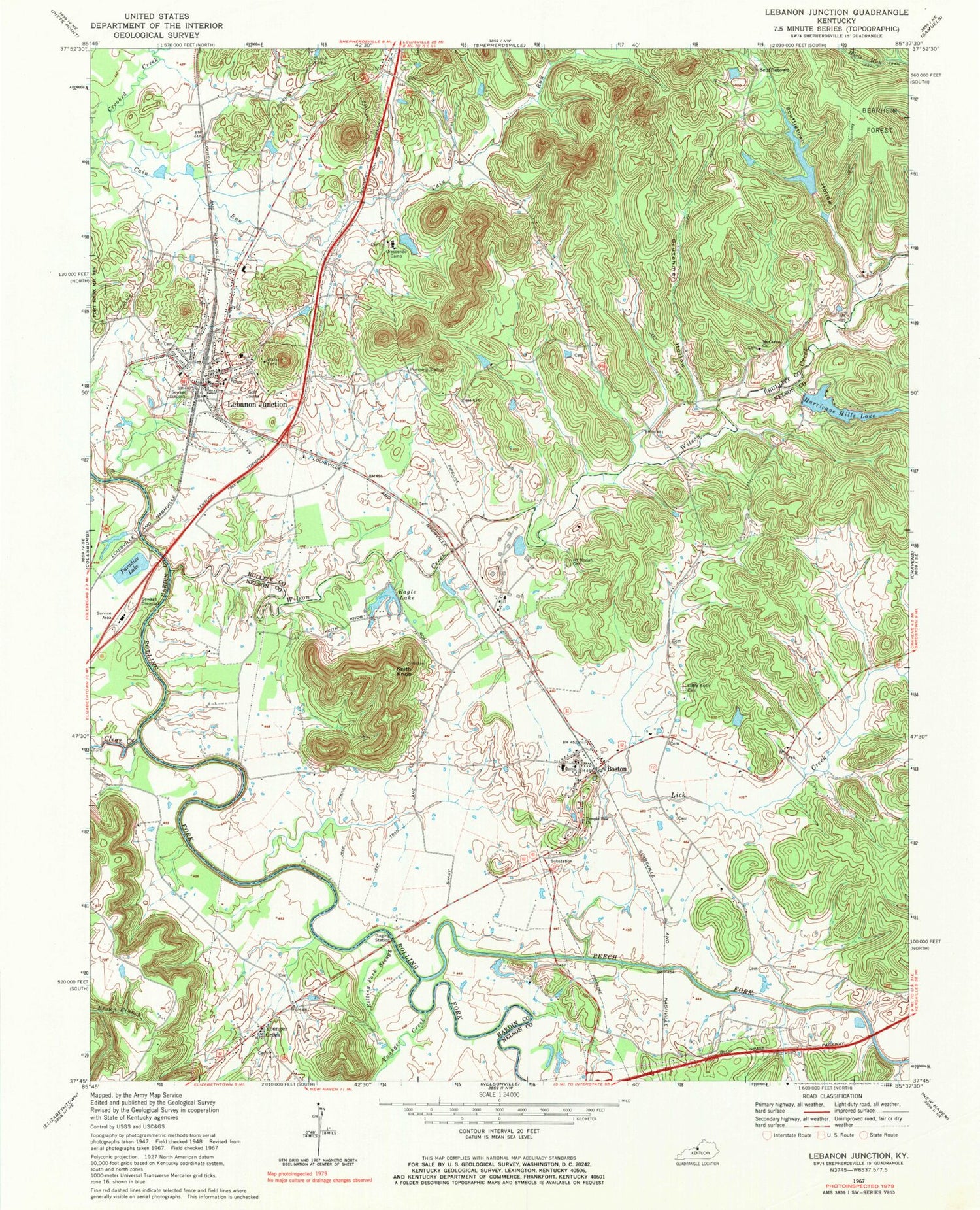 Classic USGS Lebanon Junction Kentucky 7.5'x7.5' Topo Map Image