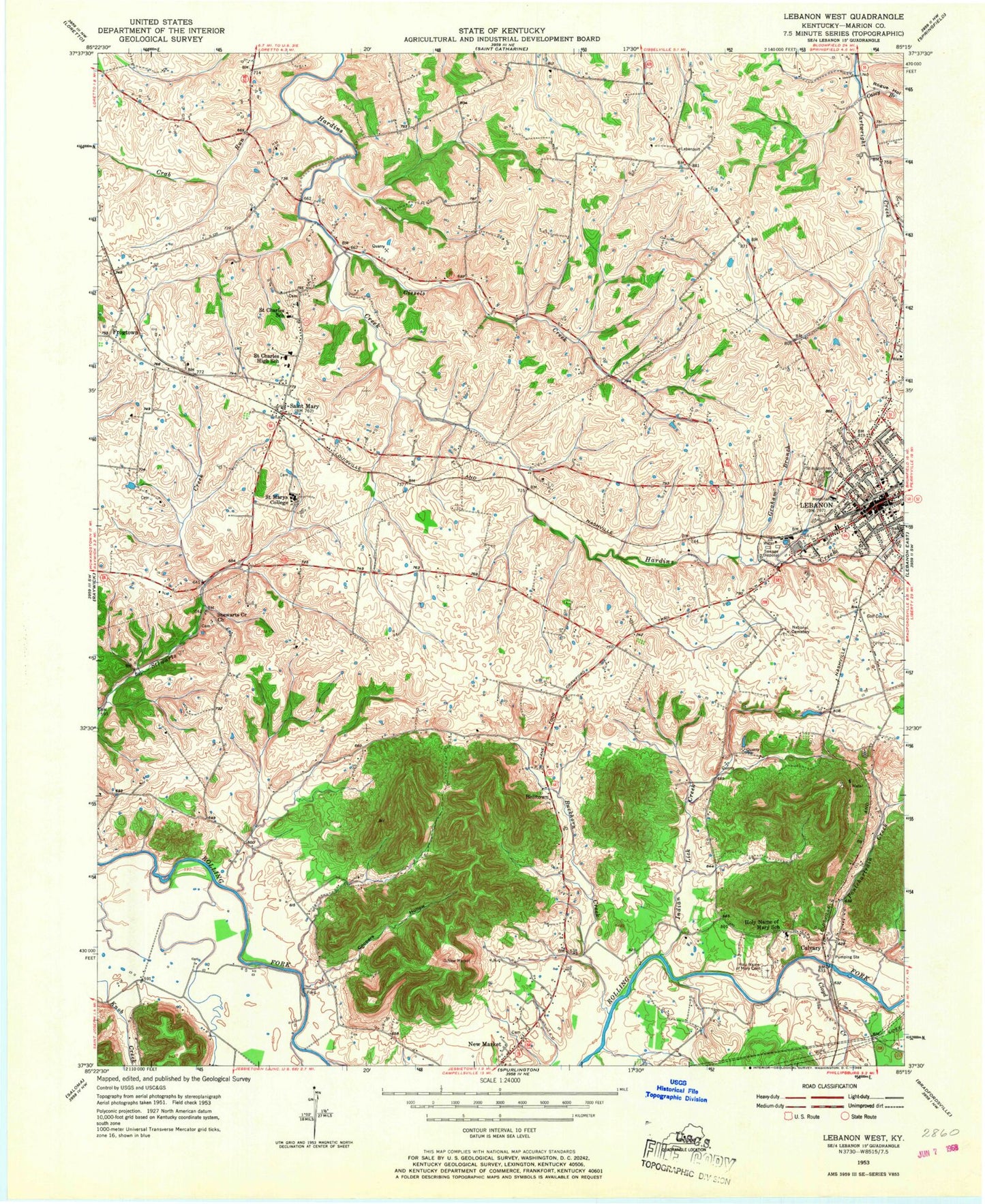 Classic USGS Lebanon West Kentucky 7.5'x7.5' Topo Map Image