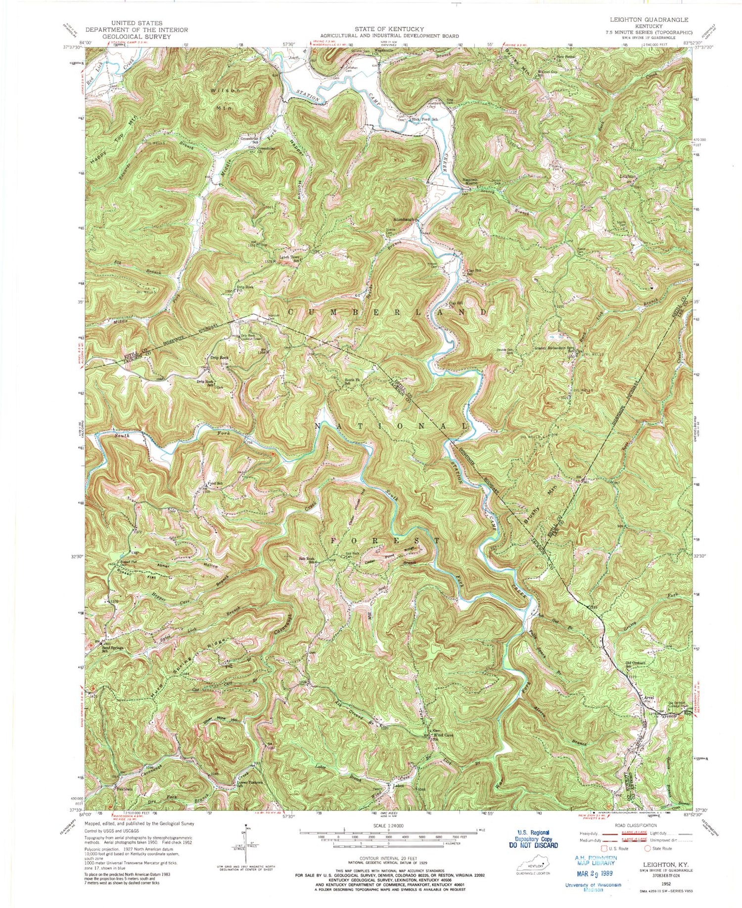 Classic USGS Leighton Kentucky 7.5'x7.5' Topo Map Image