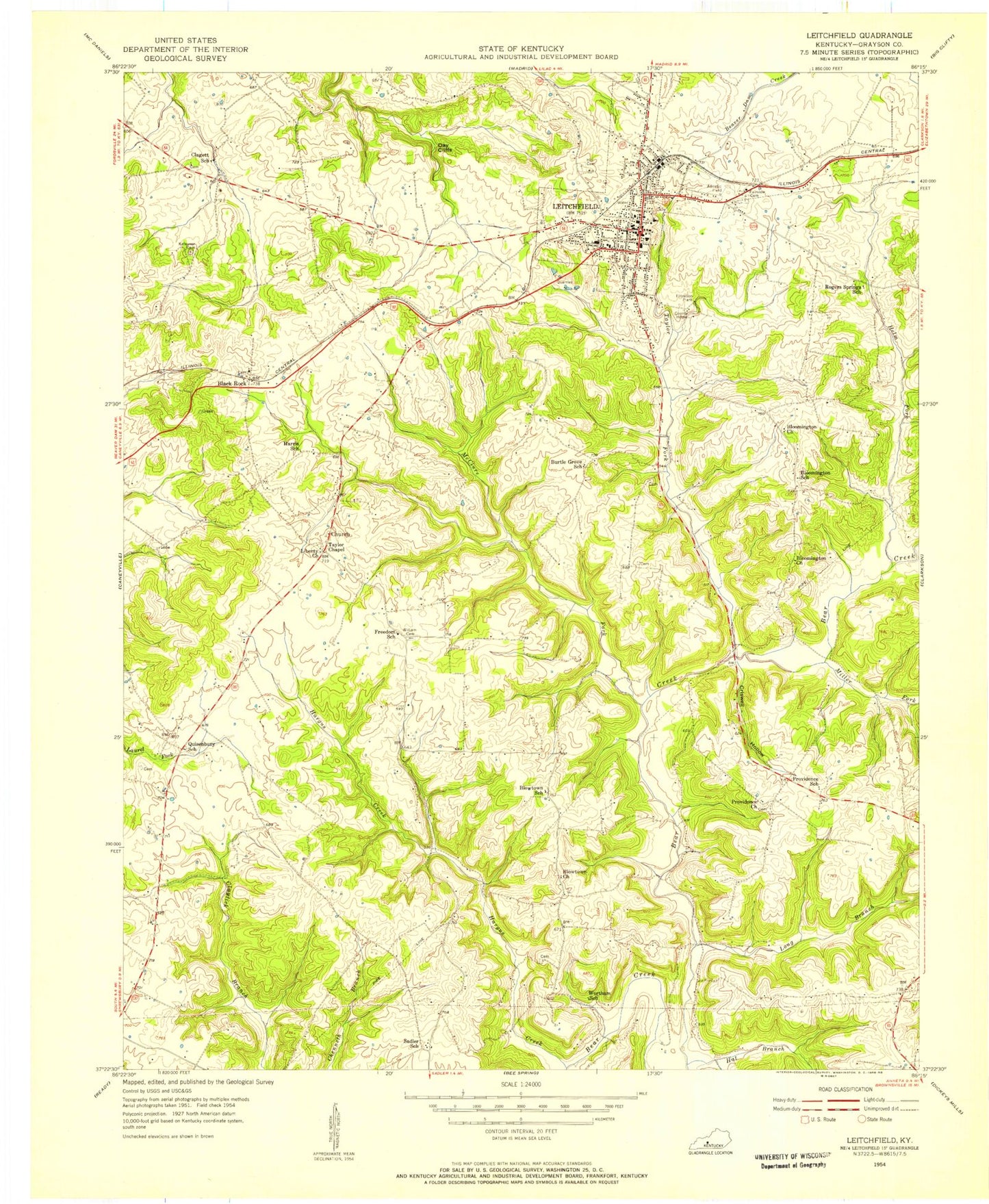 Classic USGS Leitchfield Kentucky 7.5'x7.5' Topo Map Image