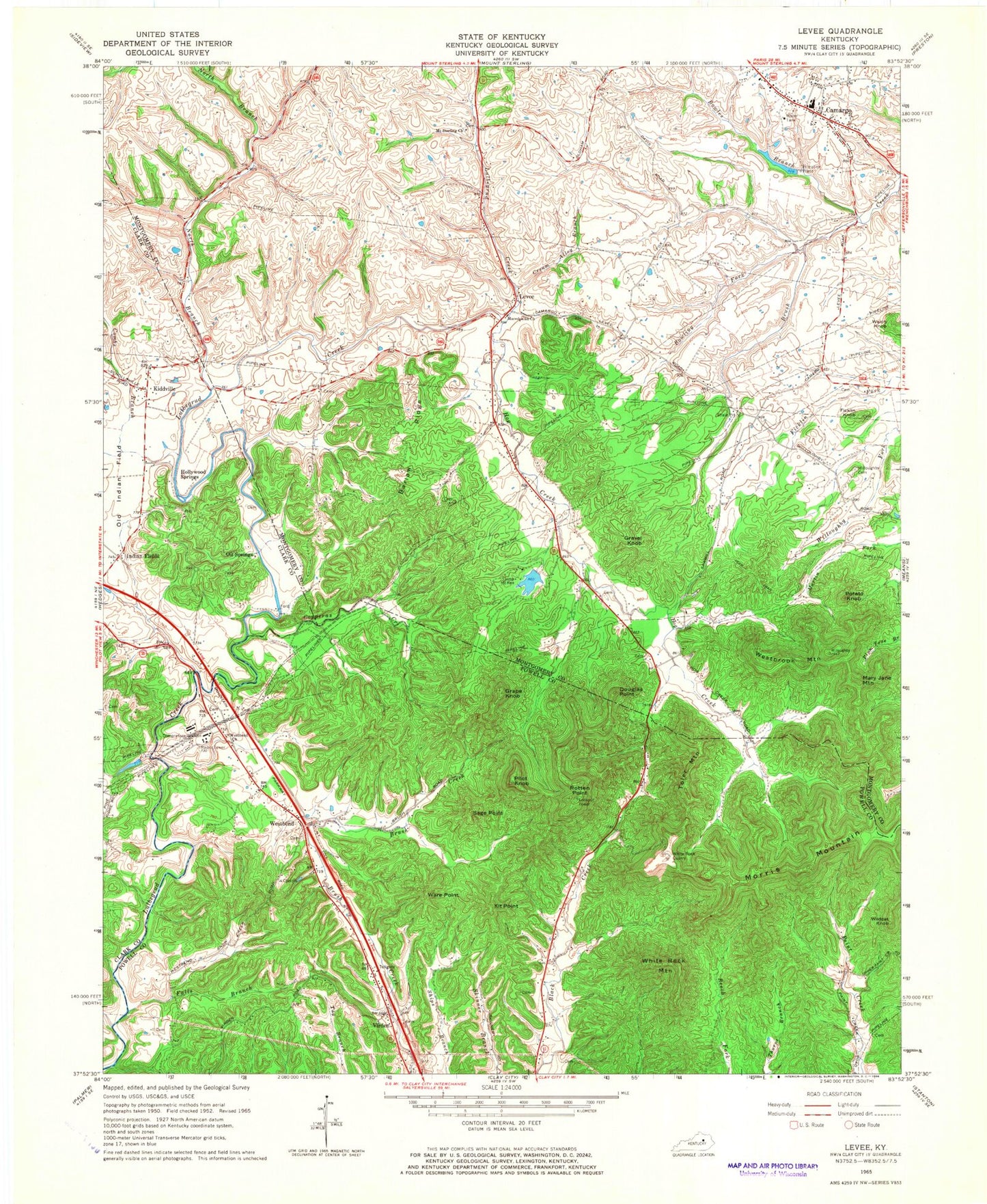 Classic USGS Levee Kentucky 7.5'x7.5' Topo Map Image
