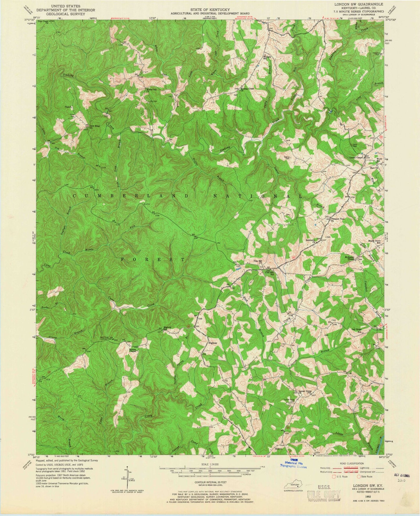 Classic USGS London SW Kentucky 7.5'x7.5' Topo Map Image