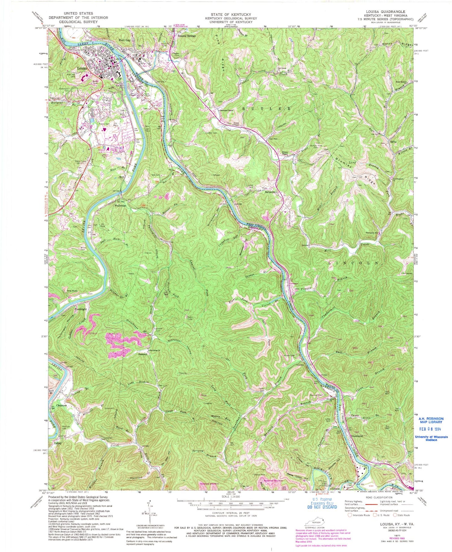 Classic USGS Louisa Kentucky 7.5'x7.5' Topo Map Image