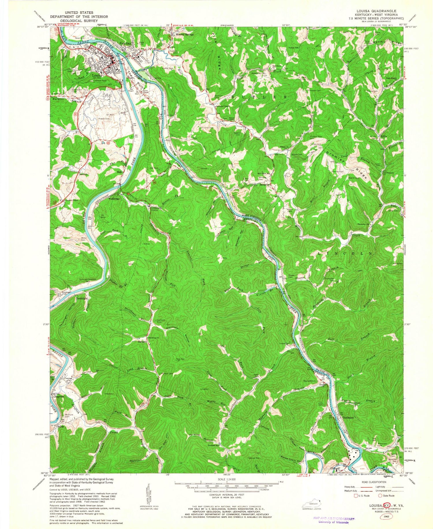 Classic USGS Louisa Kentucky 7.5'x7.5' Topo Map Image