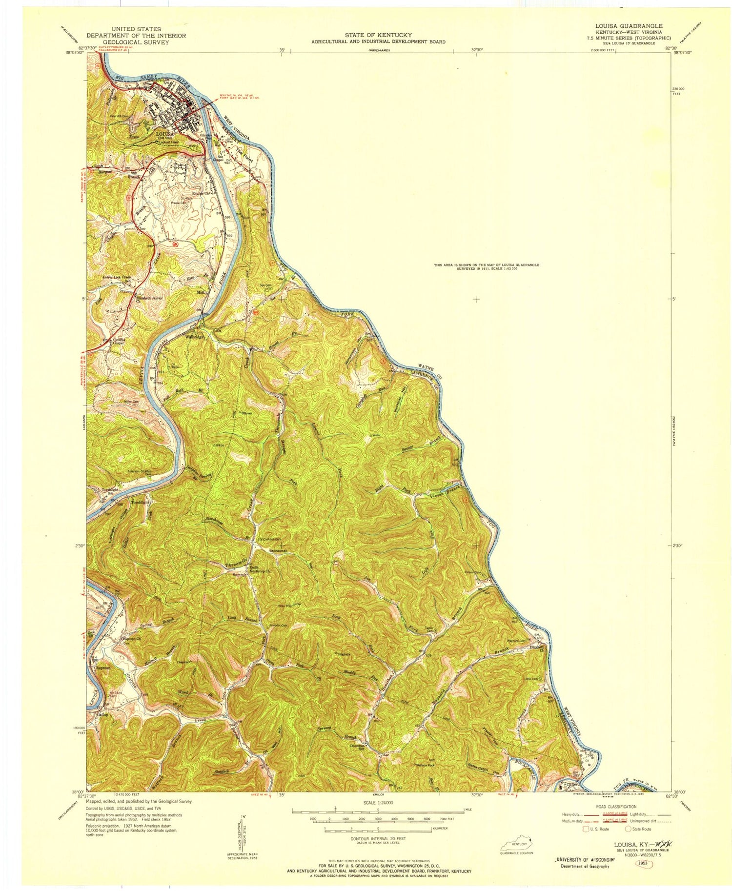 Classic USGS Louisa Kentucky 7.5'x7.5' Topo Map Image