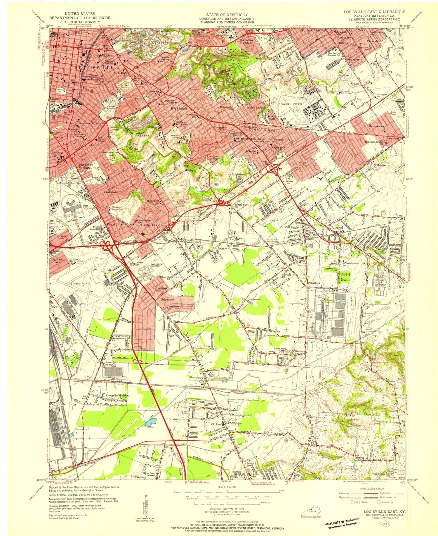 Classic USGS Louisville East Kentucky 7.5'x7.5' Topo Map Image