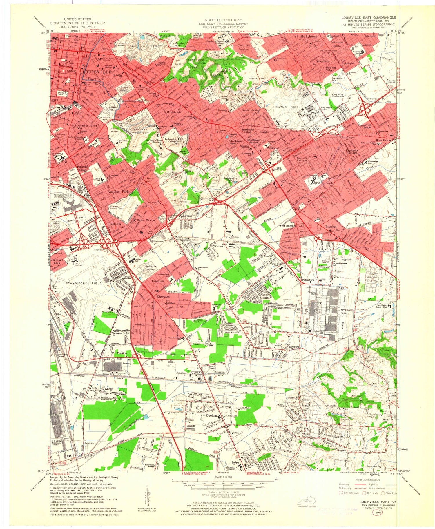 Classic USGS Louisville East Kentucky 7.5'x7.5' Topo Map Image