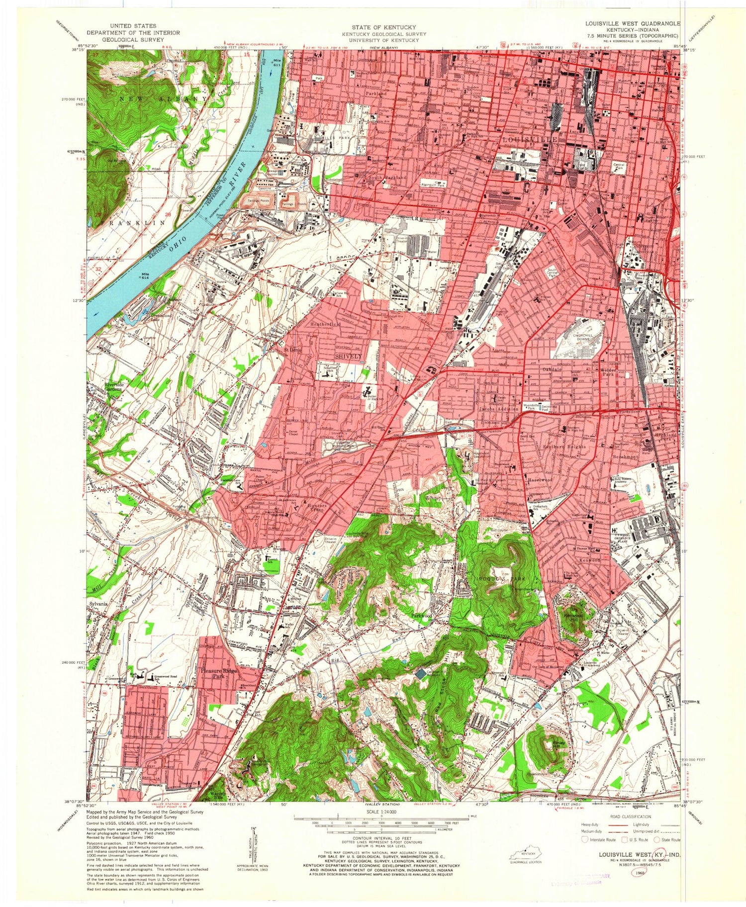 Classic USGS Louisville West Kentucky 7.5'x7.5' Topo Map Image