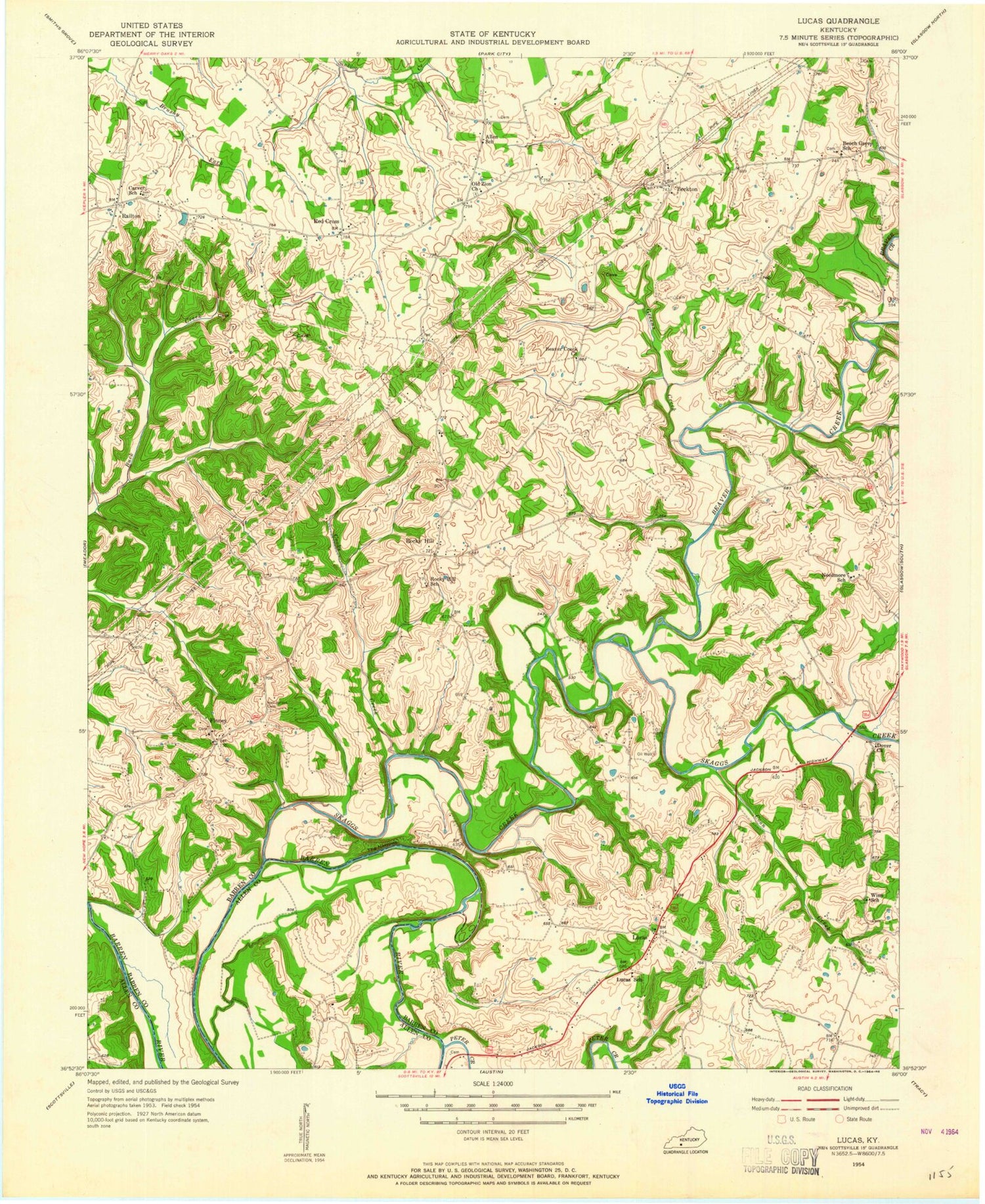 Classic USGS Lucas Kentucky 7.5'x7.5' Topo Map Image