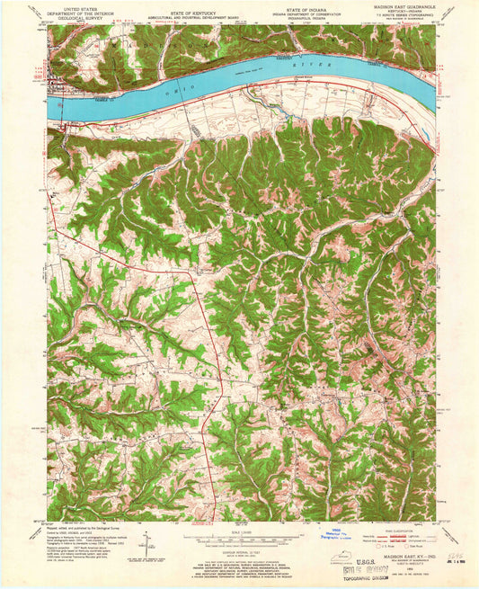 Classic USGS Madison East Indiana 7.5'x7.5' Topo Map Image