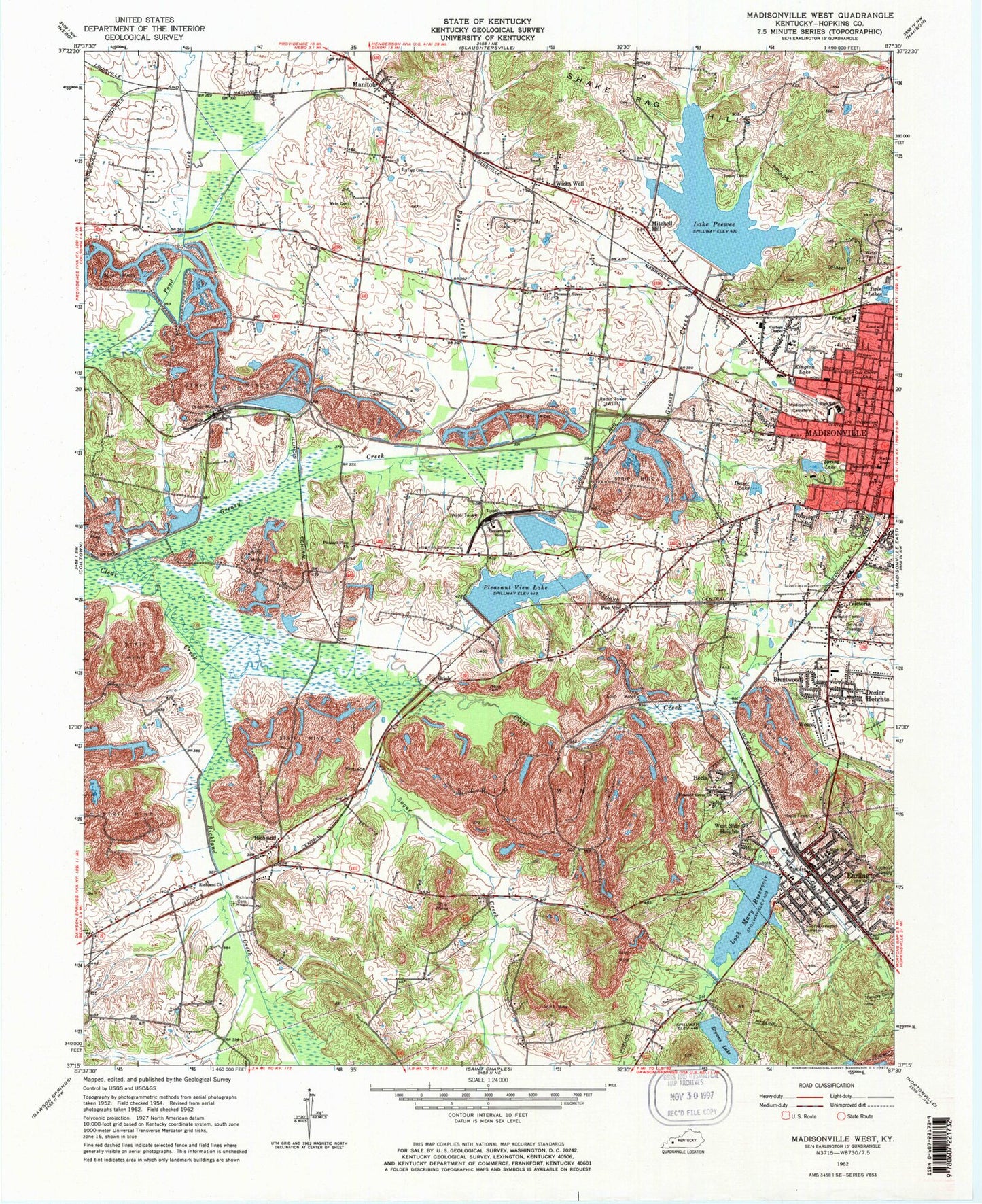 Classic USGS Madisonville West Kentucky 7.5'x7.5' Topo Map Image