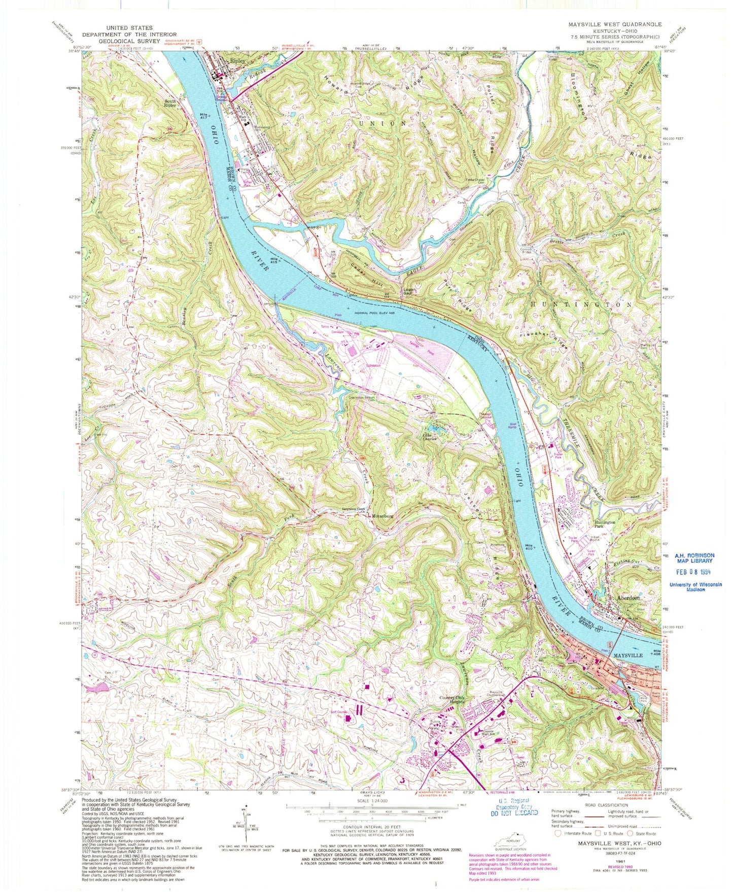 Classic USGS Maysville West Kentucky 7.5'x7.5' Topo Map Image