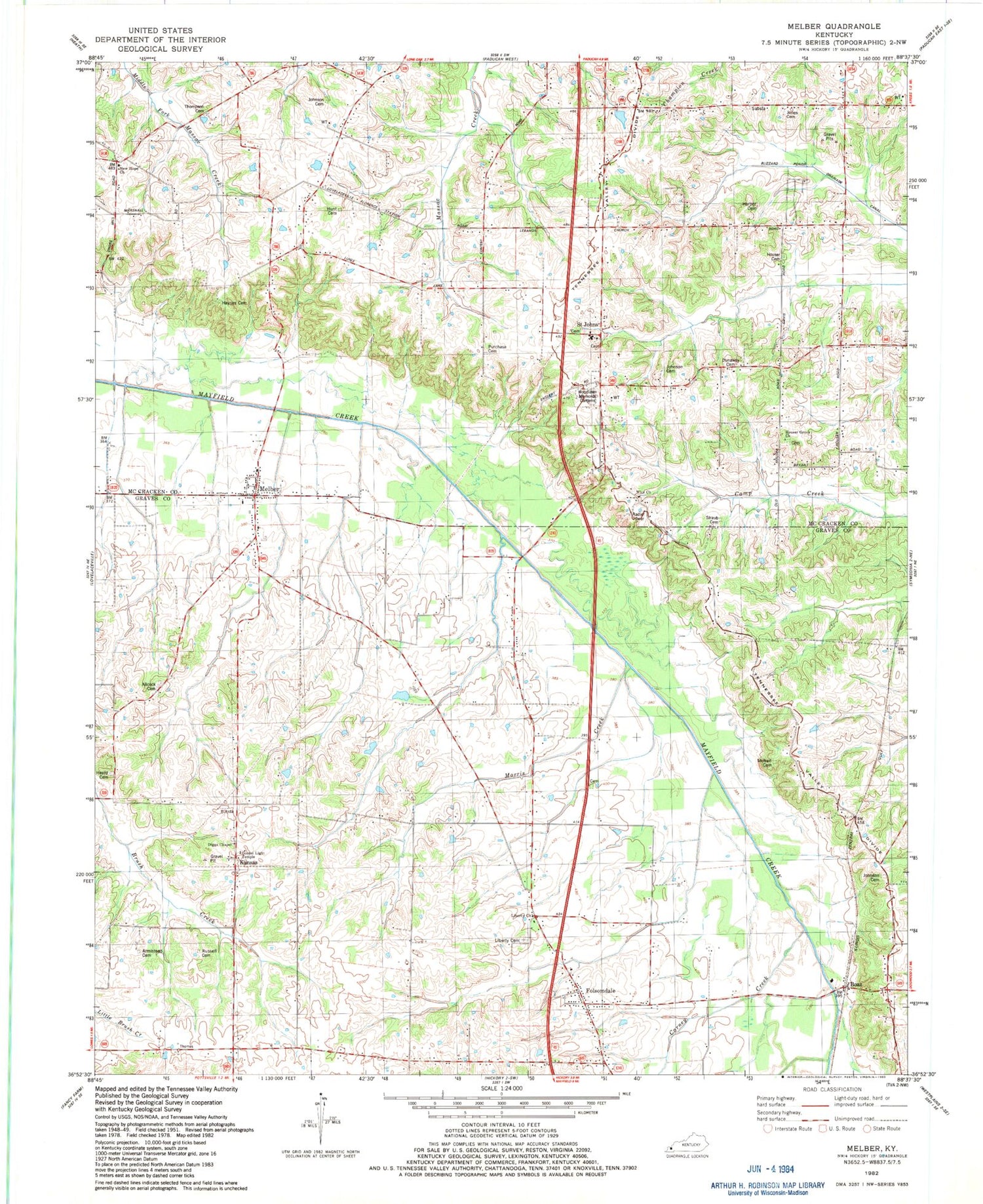 Classic USGS Melber Kentucky 7.5'x7.5' Topo Map Image
