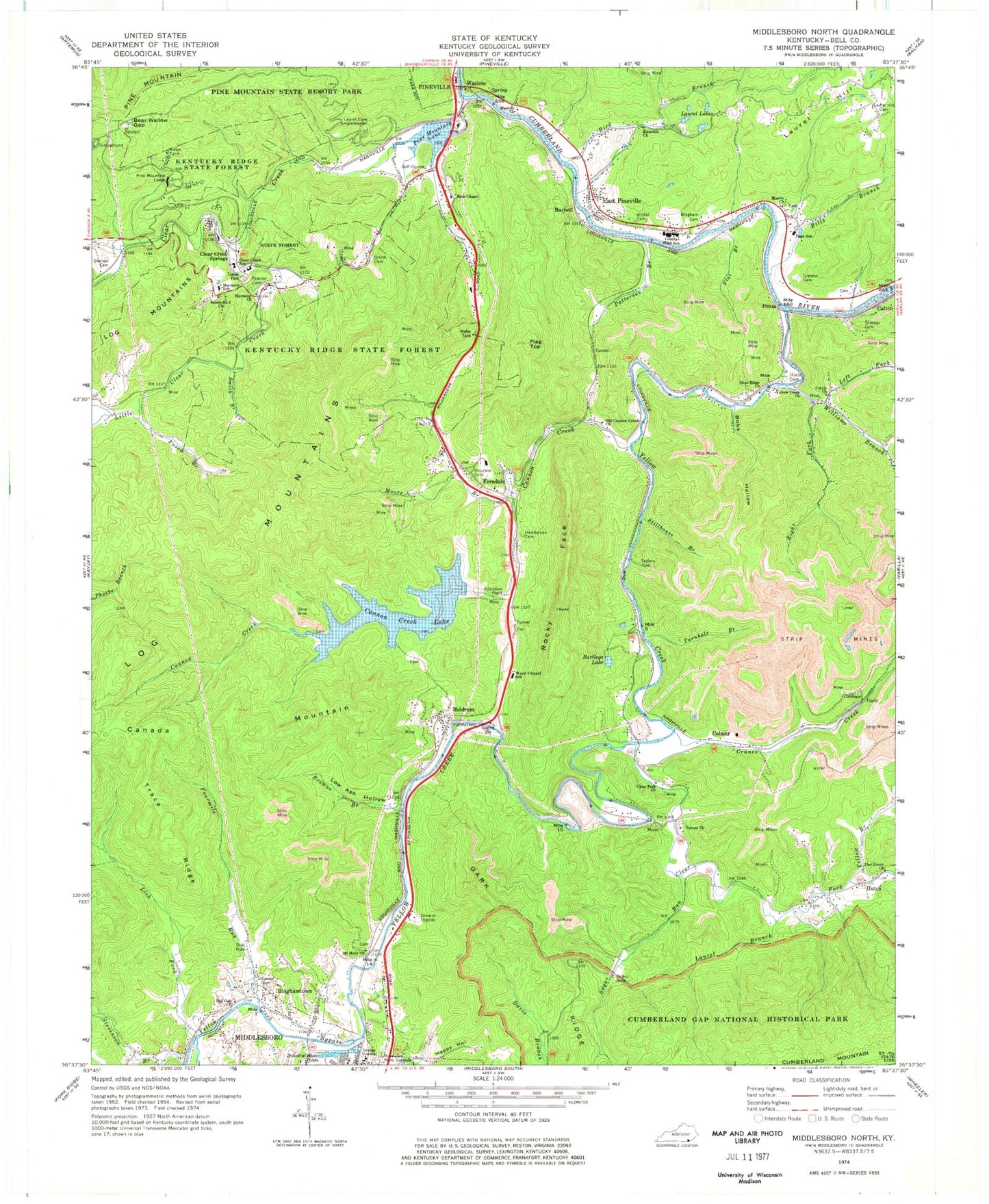 Classic USGS Middlesboro North Kentucky 7.5'x7.5' Topo Map Image