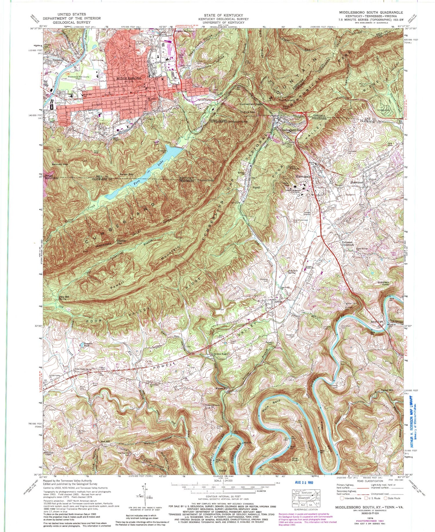 Classic USGS Middlesboro South Kentucky 7.5'x7.5' Topo Map Image