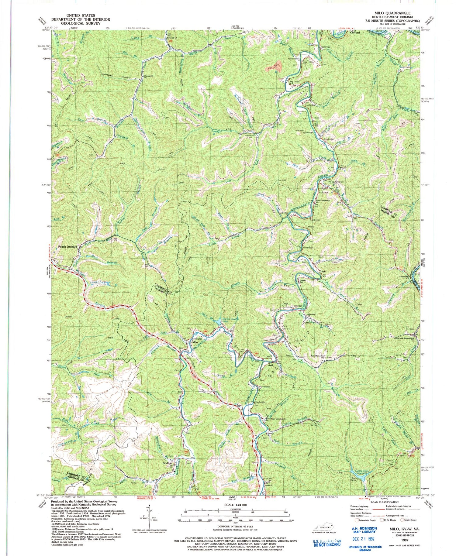 Classic USGS Milo Kentucky 7.5'x7.5' Topo Map Image
