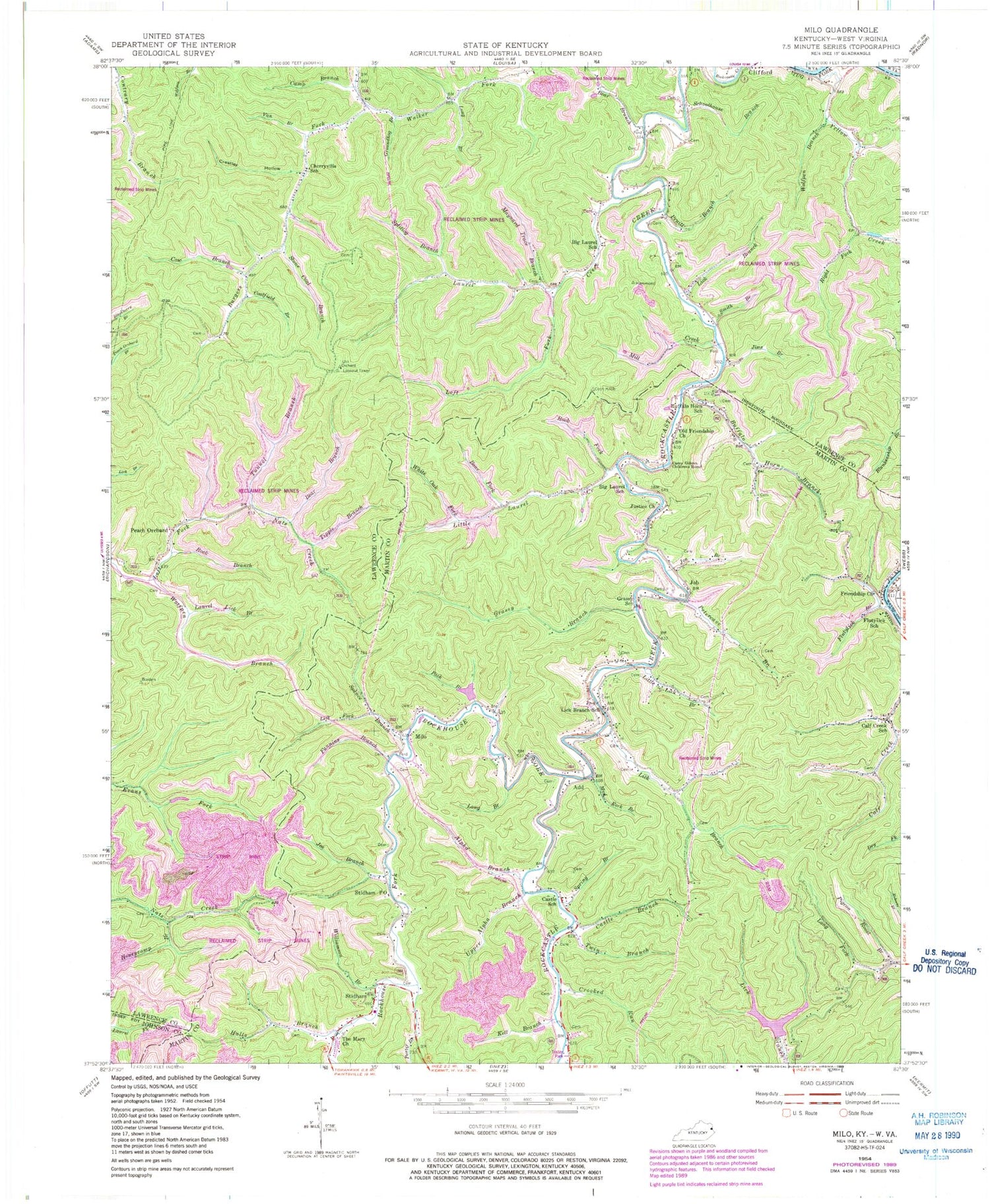 Classic USGS Milo Kentucky 7.5'x7.5' Topo Map Image