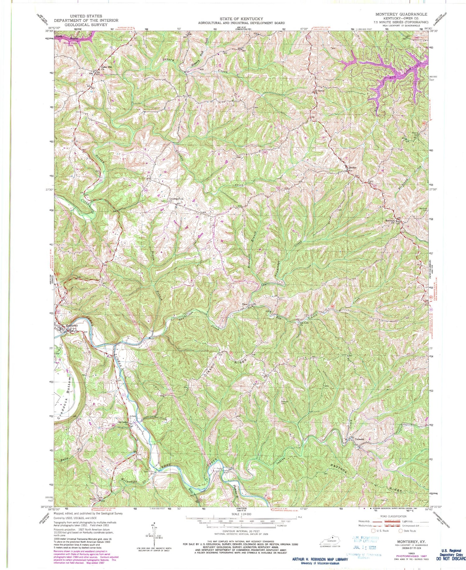 Classic USGS Monterey Kentucky 7.5'x7.5' Topo Map Image