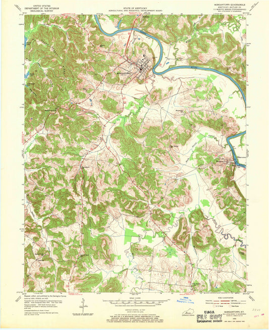 Classic USGS Morgantown Kentucky 7.5'x7.5' Topo Map Image