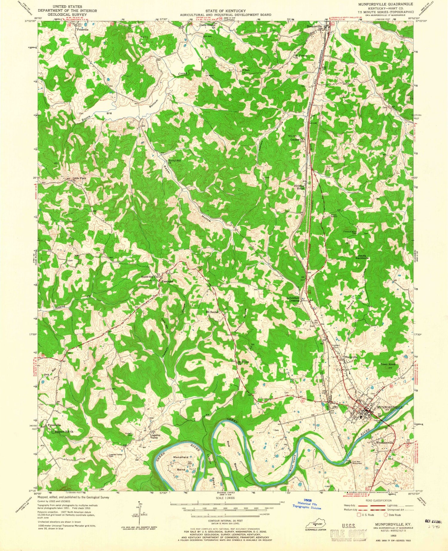 Classic USGS Munfordville Kentucky 7.5'x7.5' Topo Map Image