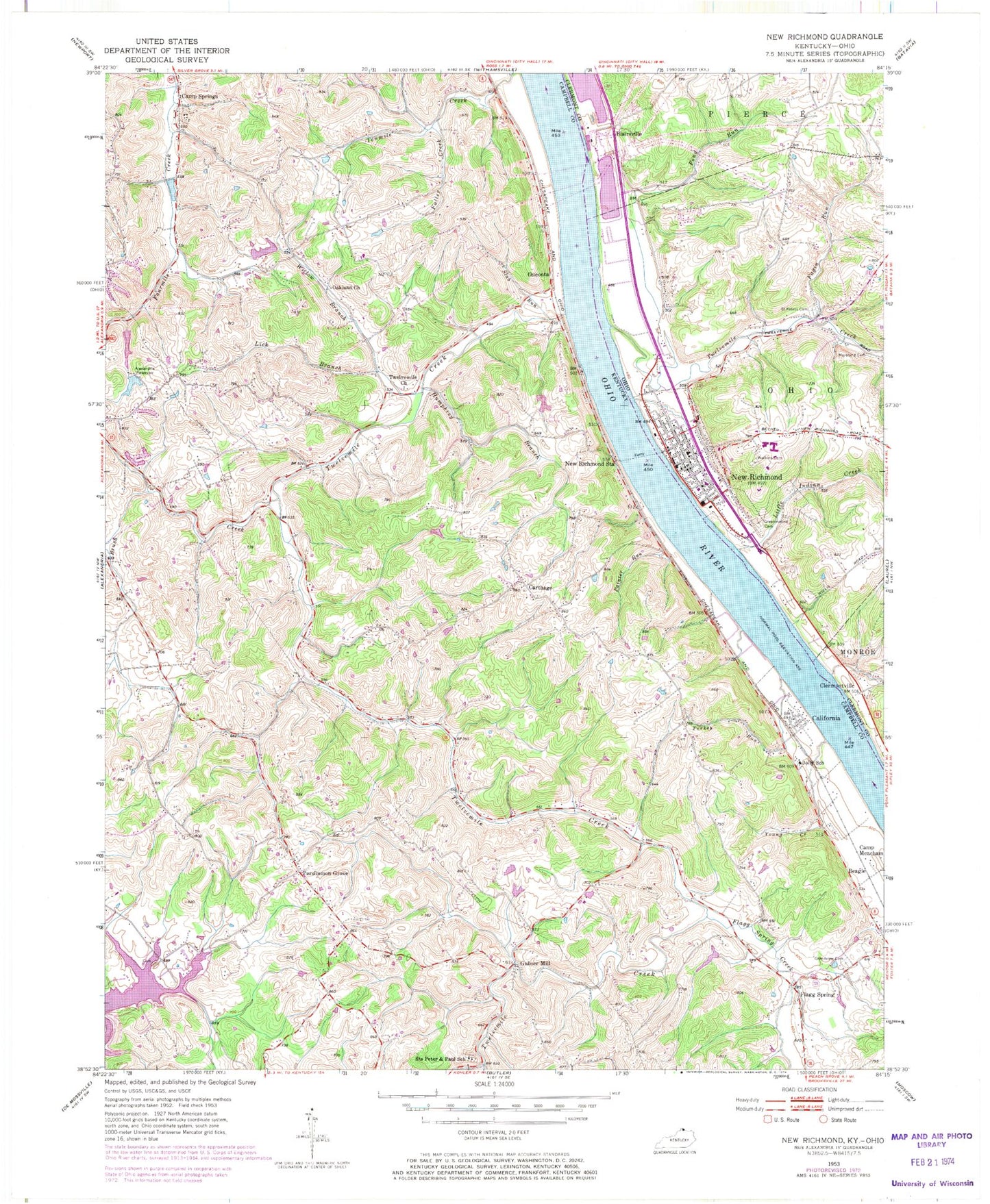 Classic USGS New Richmond Ohio 7.5'x7.5' Topo Map Image