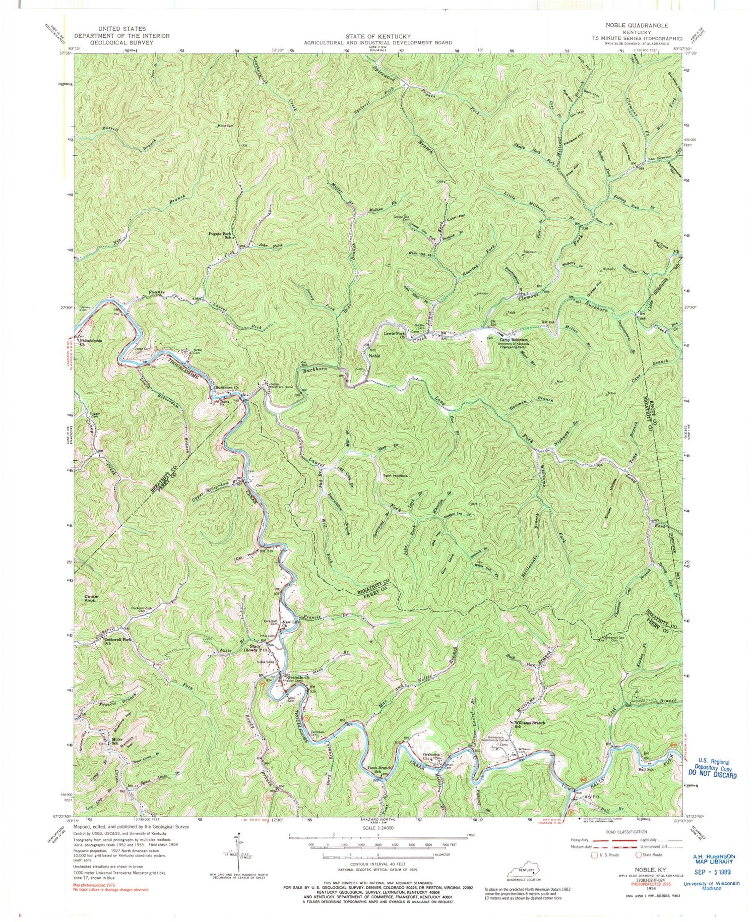 Classic USGS Noble Kentucky 7.5'x7.5' Topo Map Image