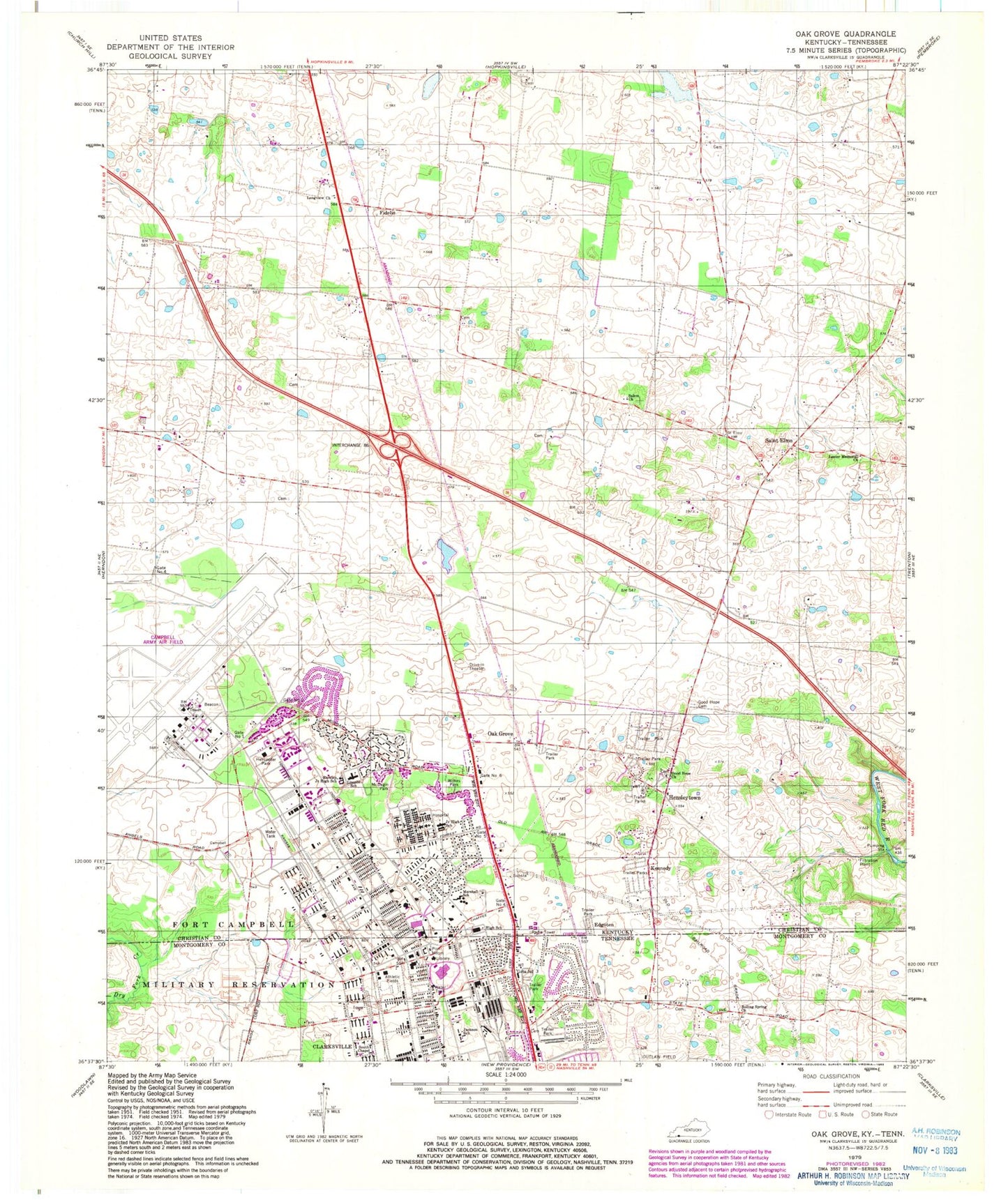 Classic USGS Oak Grove Kentucky 7.5'x7.5' Topo Map Image