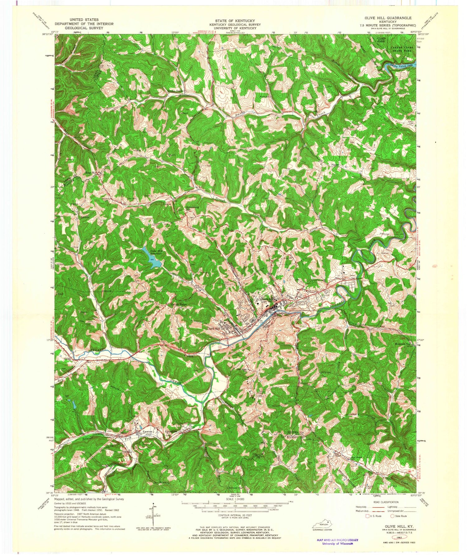Classic USGS Olive Hill Kentucky 7.5'x7.5' Topo Map Image