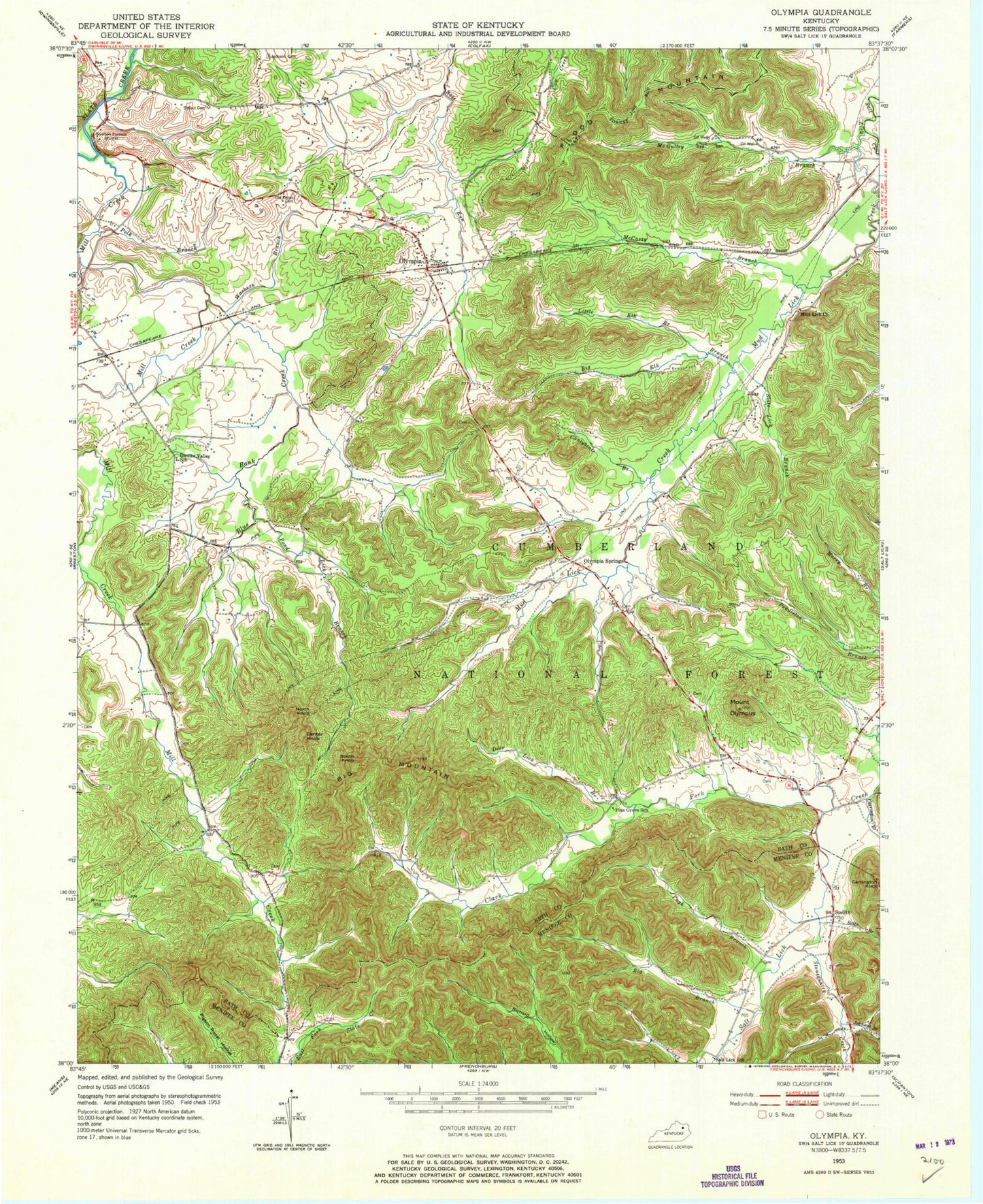 Classic USGS Olympia Kentucky 7.5'x7.5' Topo Map Image