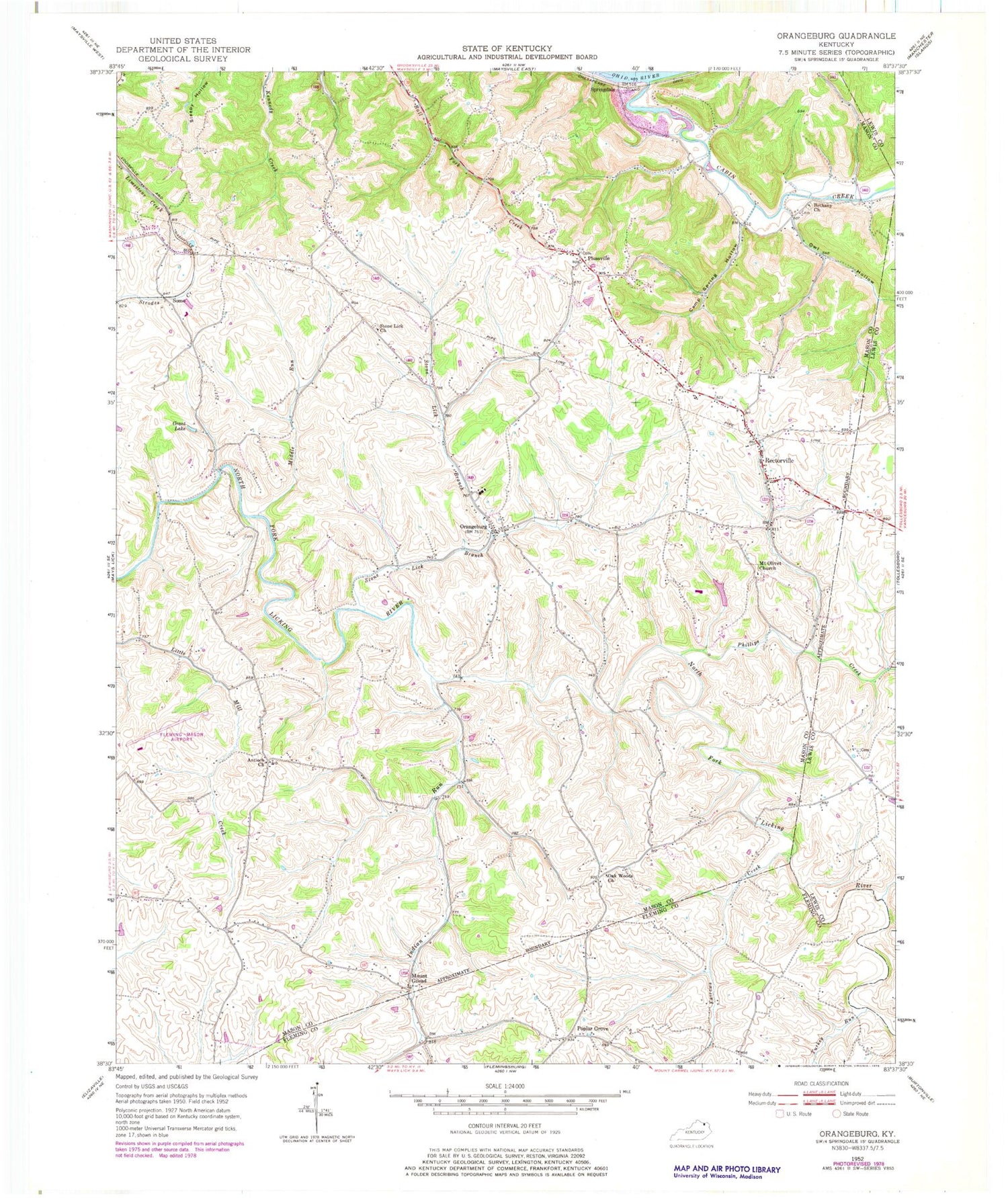 Classic USGS Orangeburg Kentucky 7.5'x7.5' Topo Map Image