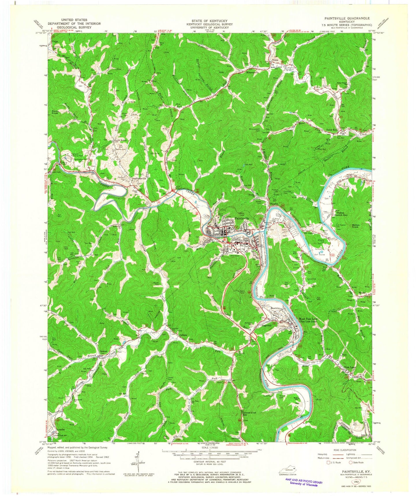 Classic USGS Paintsville Kentucky 7.5'x7.5' Topo Map Image