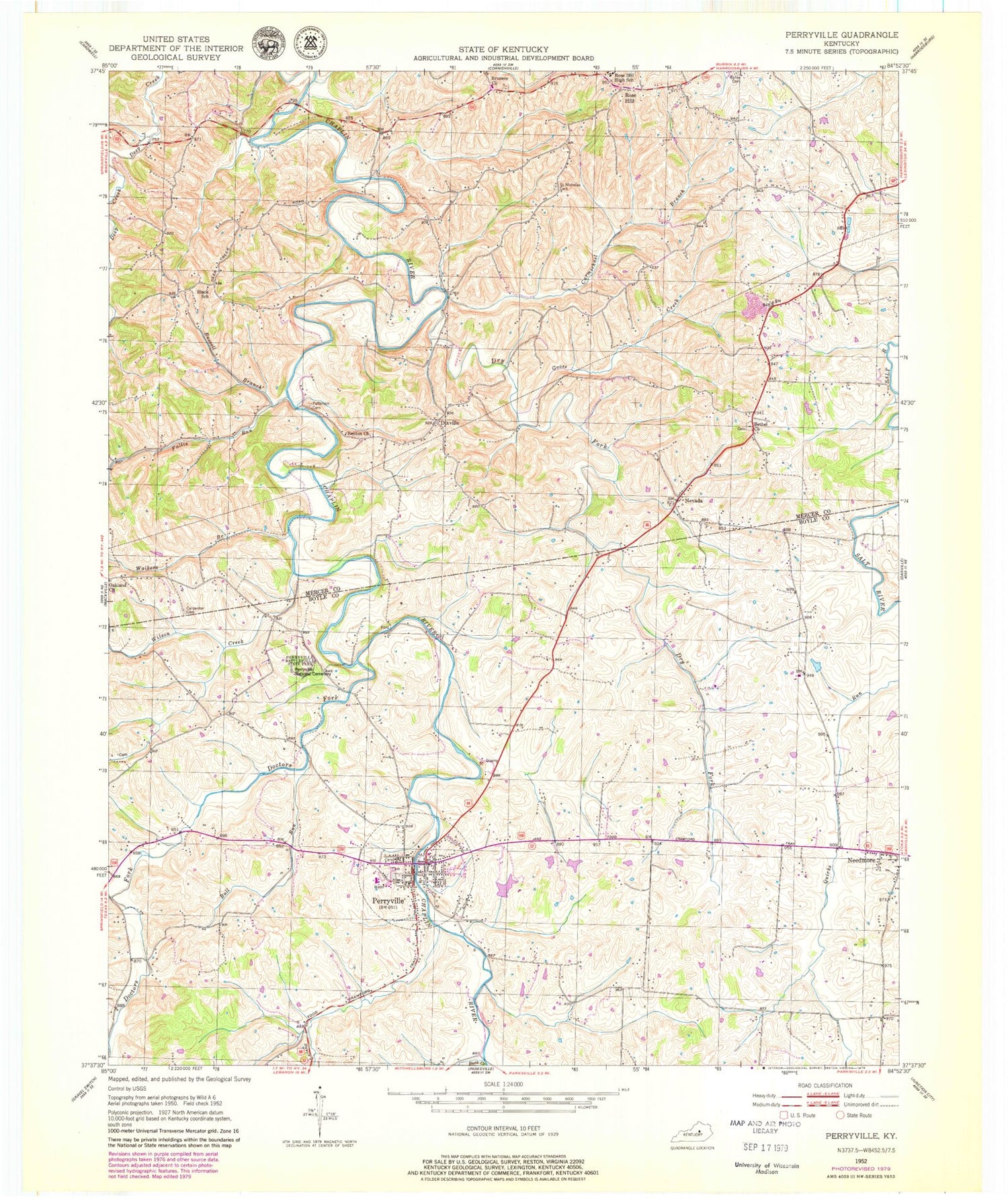 Classic USGS Perryville Kentucky 7.5'x7.5' Topo Map Image
