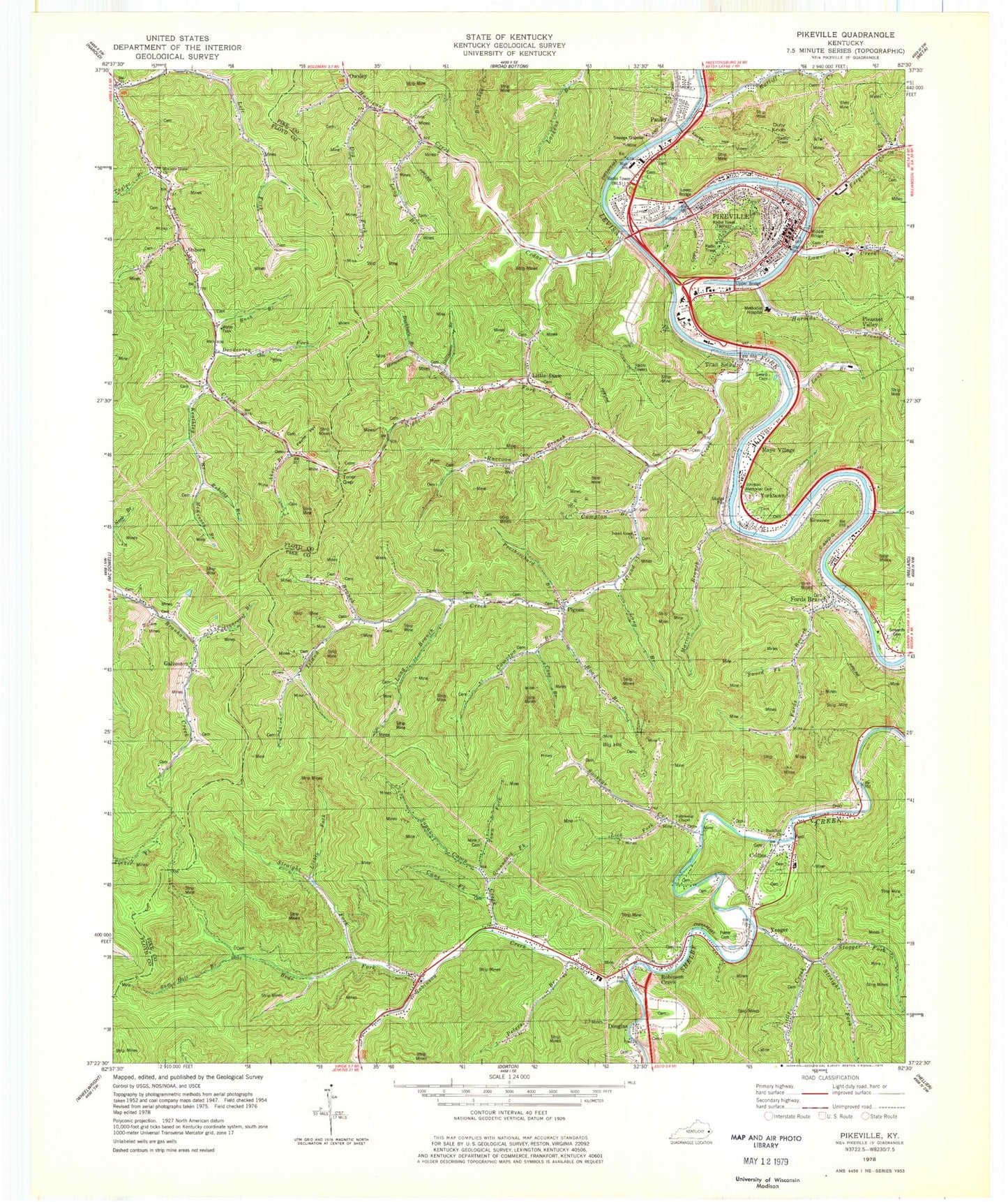 Classic USGS Pikeville Kentucky 7.5'x7.5' Topo Map Image