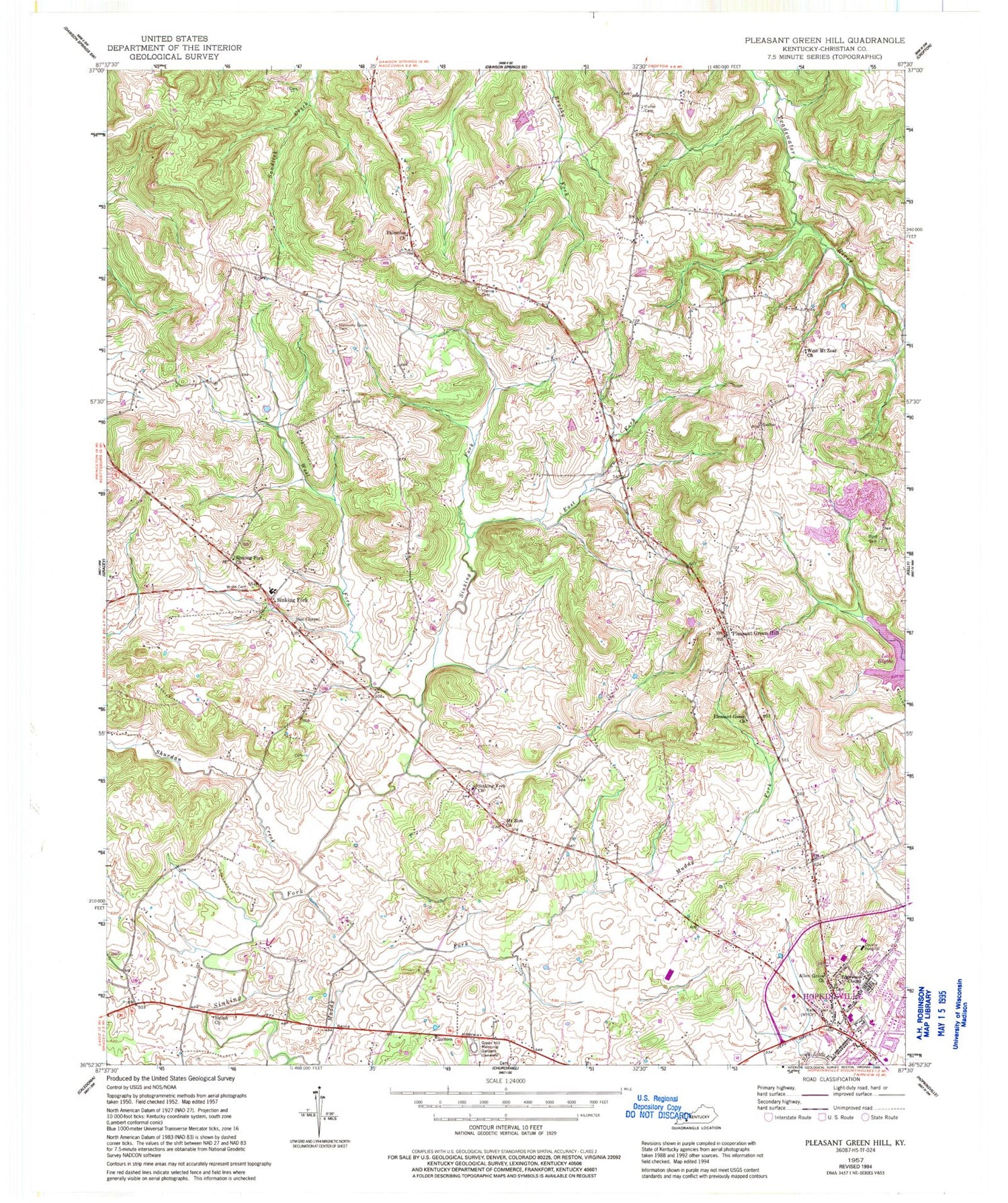 Classic USGS Pleasant Green Hill Kentucky 7.5'x7.5' Topo Map Image