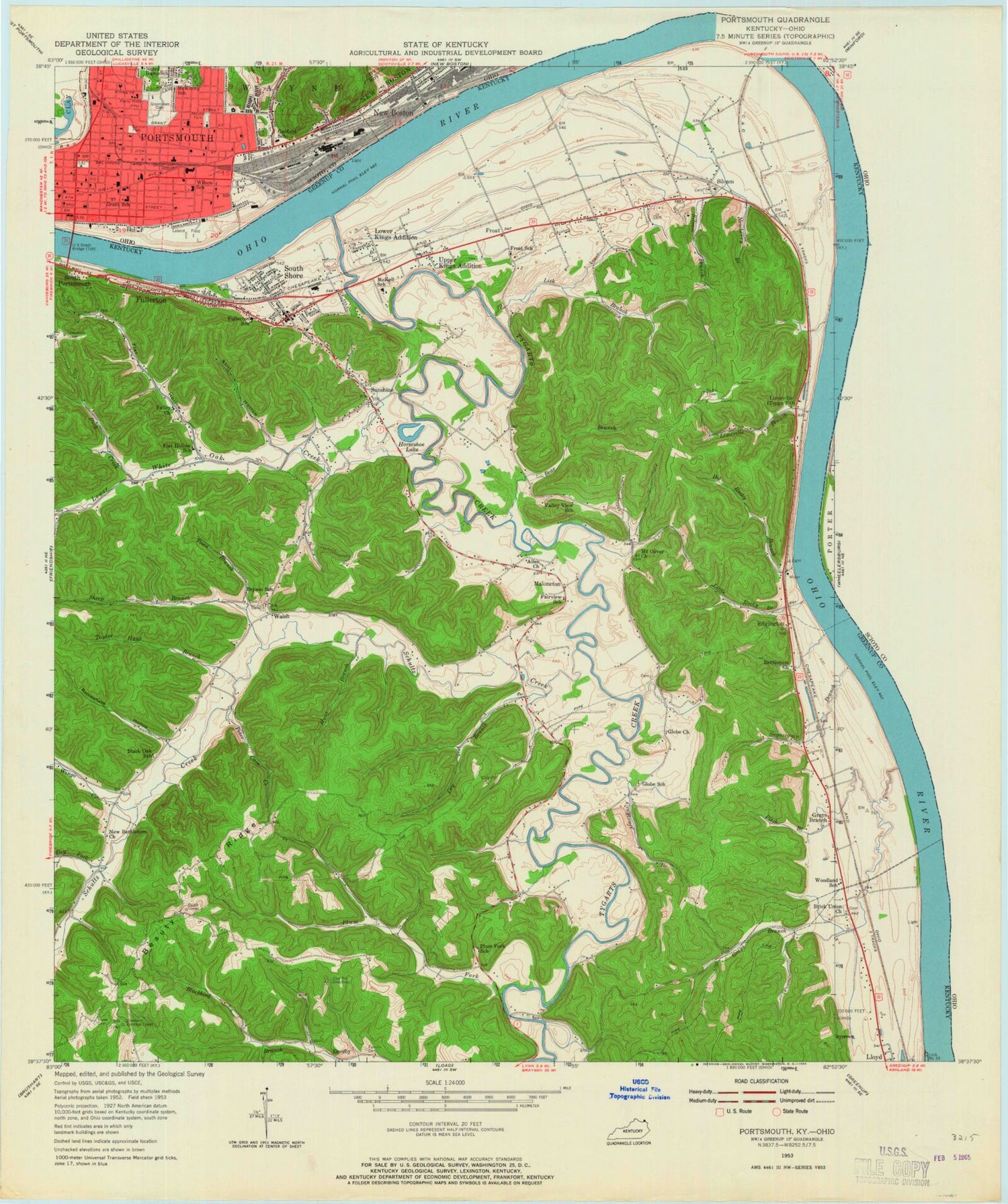 Classic USGS Portsmouth Ohio 7.5'x7.5' Topo Map Image