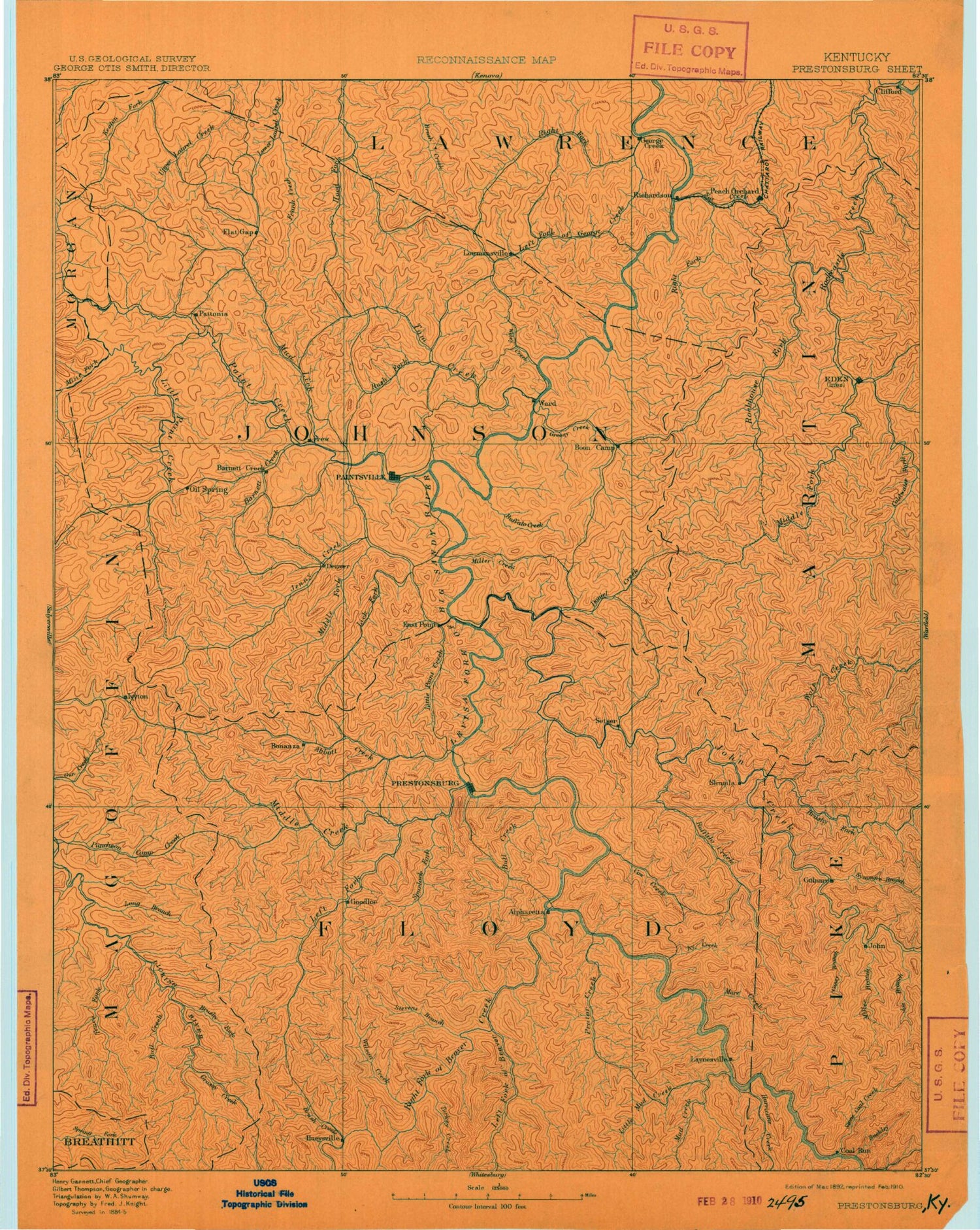Historic 1892 Prestonsburg Kentucky 30'x30' Topo Map Image