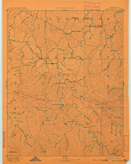 Historic 1892 Prestonsburg Kentucky 30'x30' Topo Map Image