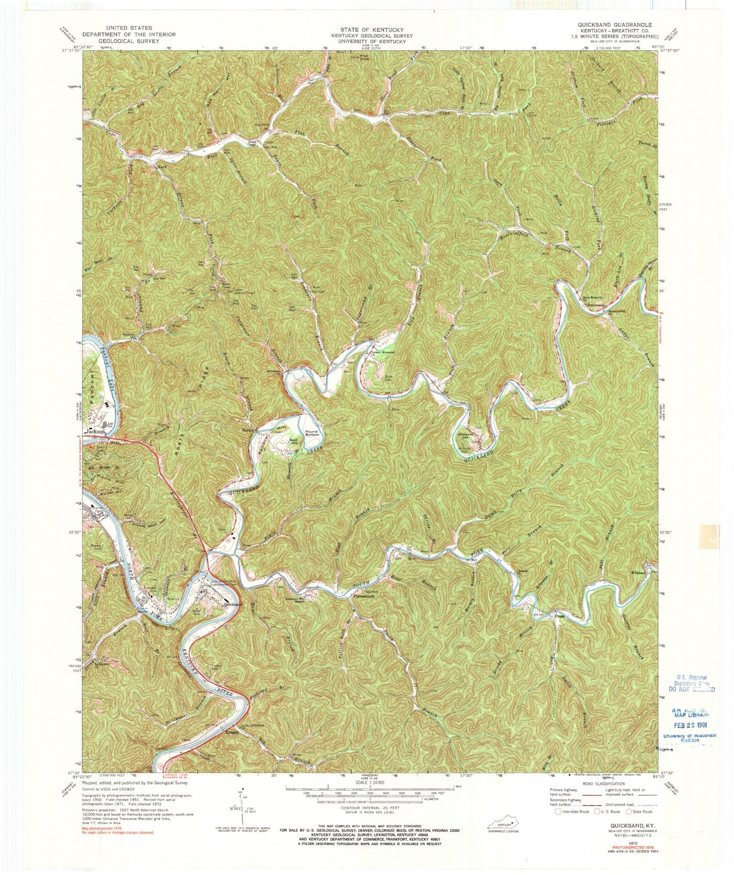 Classic USGS Quicksand Kentucky 7.5'x7.5' Topo Map Image