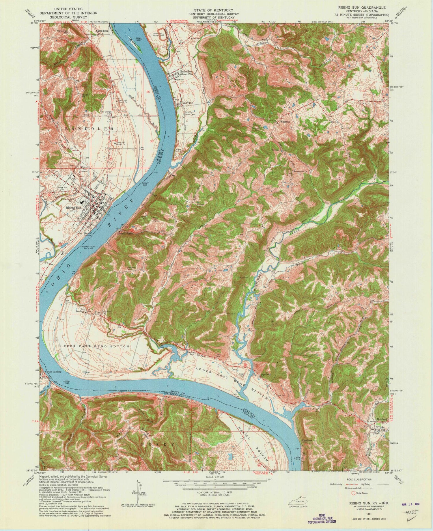 Classic USGS Rising Sun Indiana 7.5'x7.5' Topo Map Image