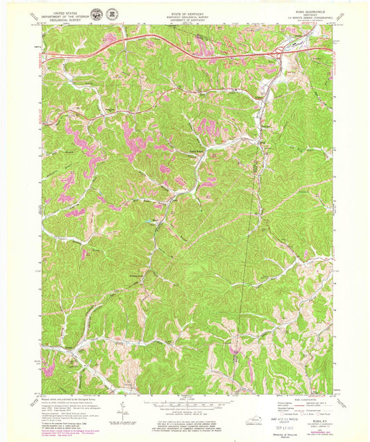 Classic USGS Rush Kentucky 7.5'x7.5' Topo Map Image