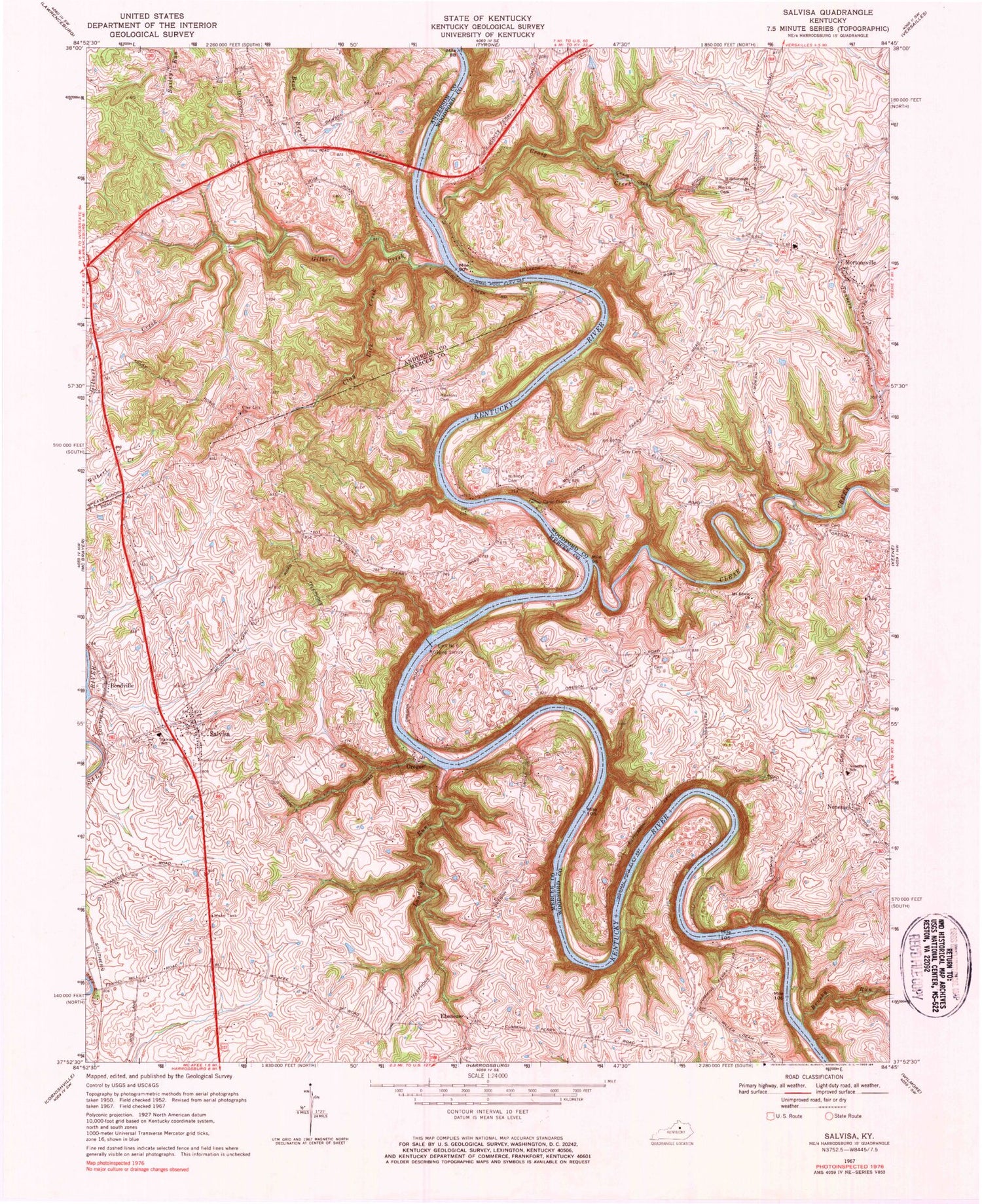 Classic USGS Salvisa Kentucky 7.5'x7.5' Topo Map Image