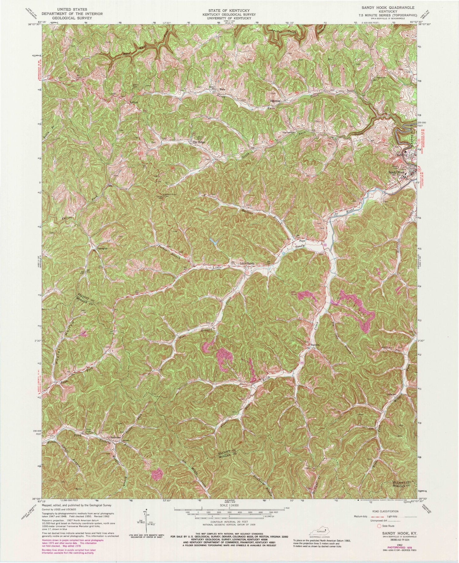 Classic USGS Sandy Hook Kentucky 7.5'x7.5' Topo Map Image