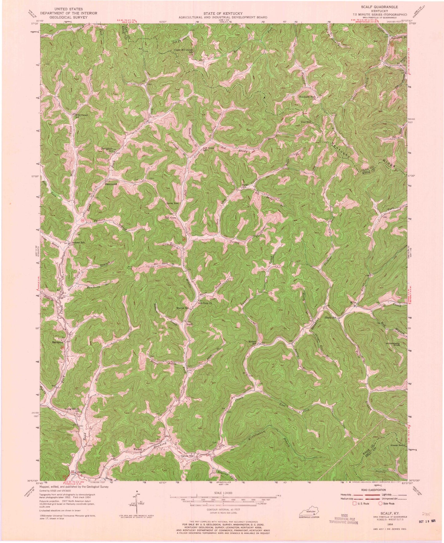 Classic USGS Scalf Kentucky 7.5'x7.5' Topo Map Image