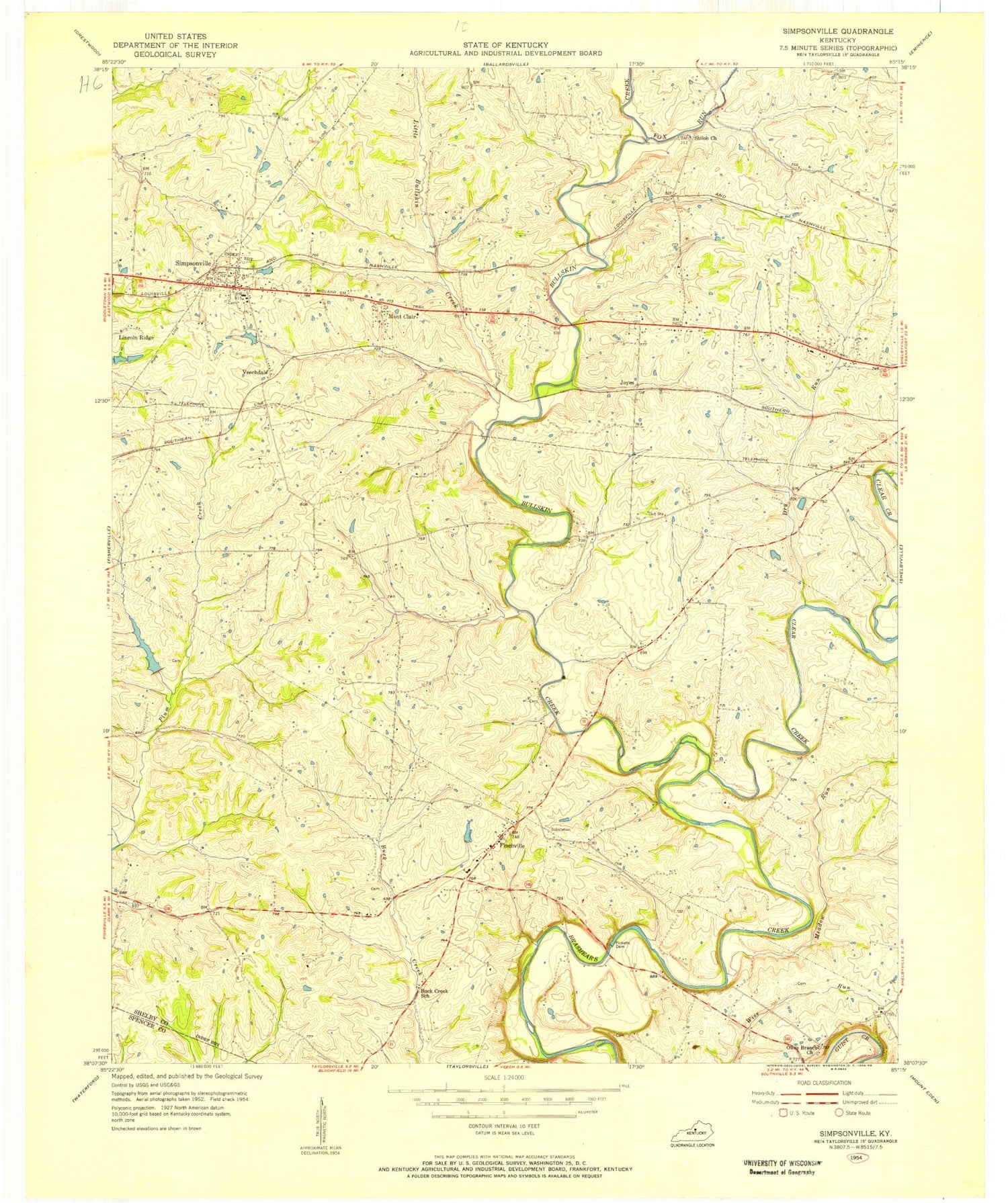 Classic USGS Simpsonville Kentucky 7.5'x7.5' Topo Map Image