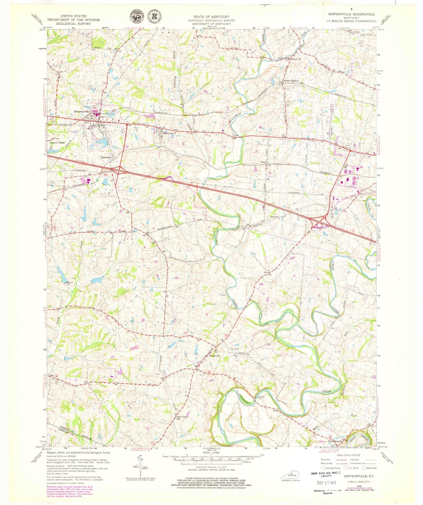Classic USGS Simpsonville Kentucky 7.5'x7.5' Topo Map Image