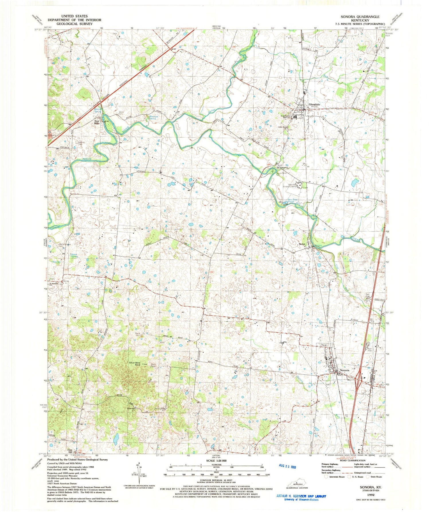 Classic USGS Sonora Kentucky 7.5'x7.5' Topo Map Image