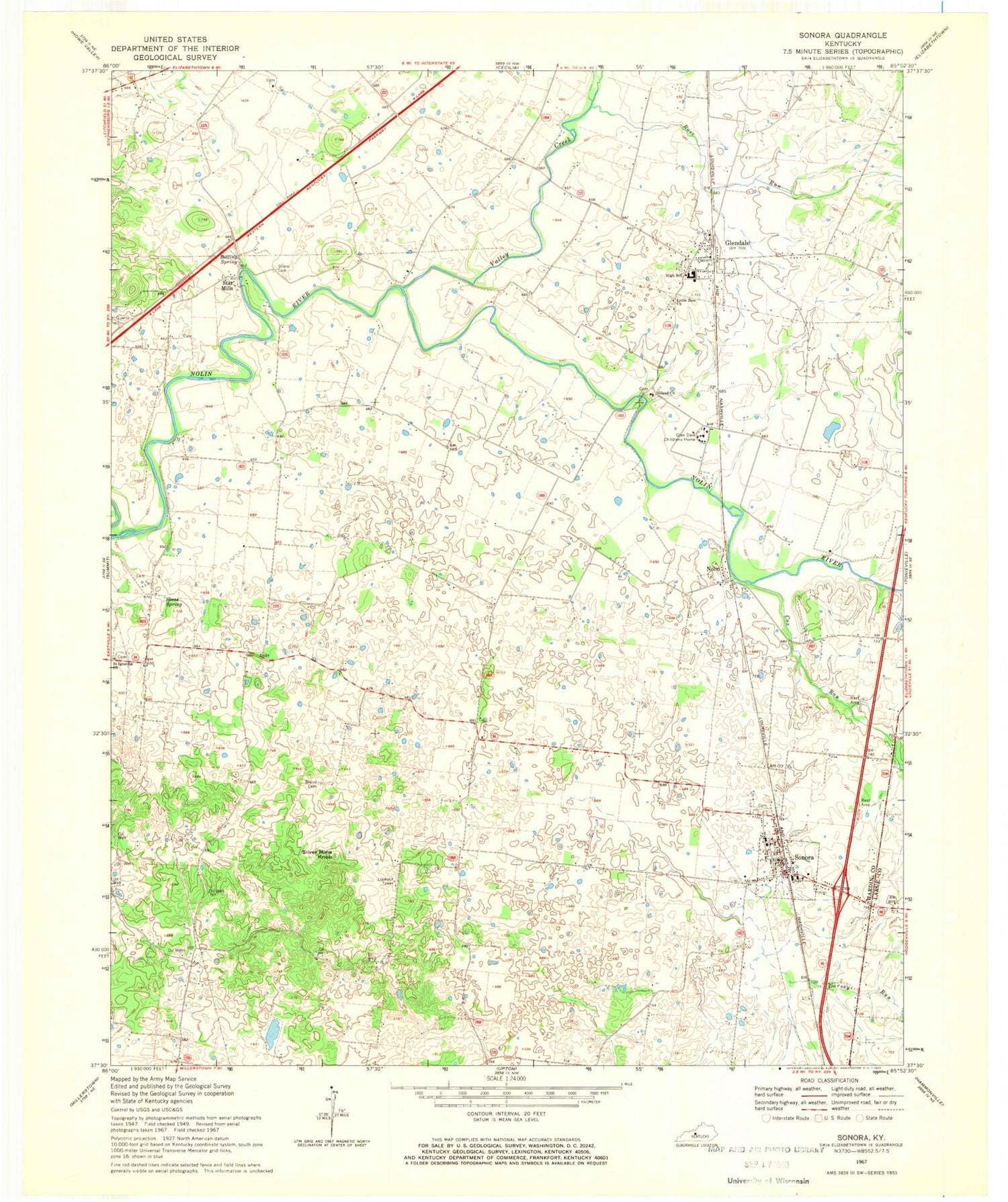 Classic USGS Sonora Kentucky 7.5'x7.5' Topo Map Image