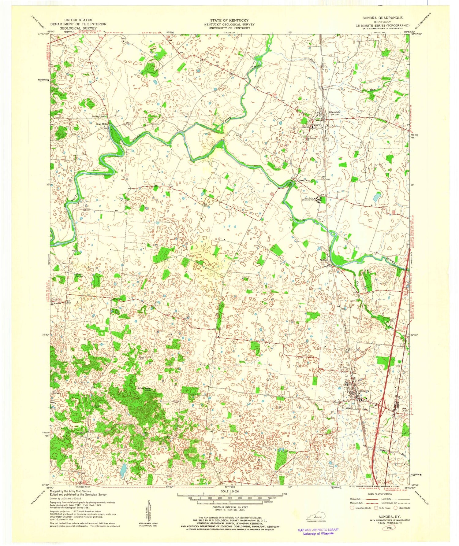 Classic USGS Sonora Kentucky 7.5'x7.5' Topo Map Image