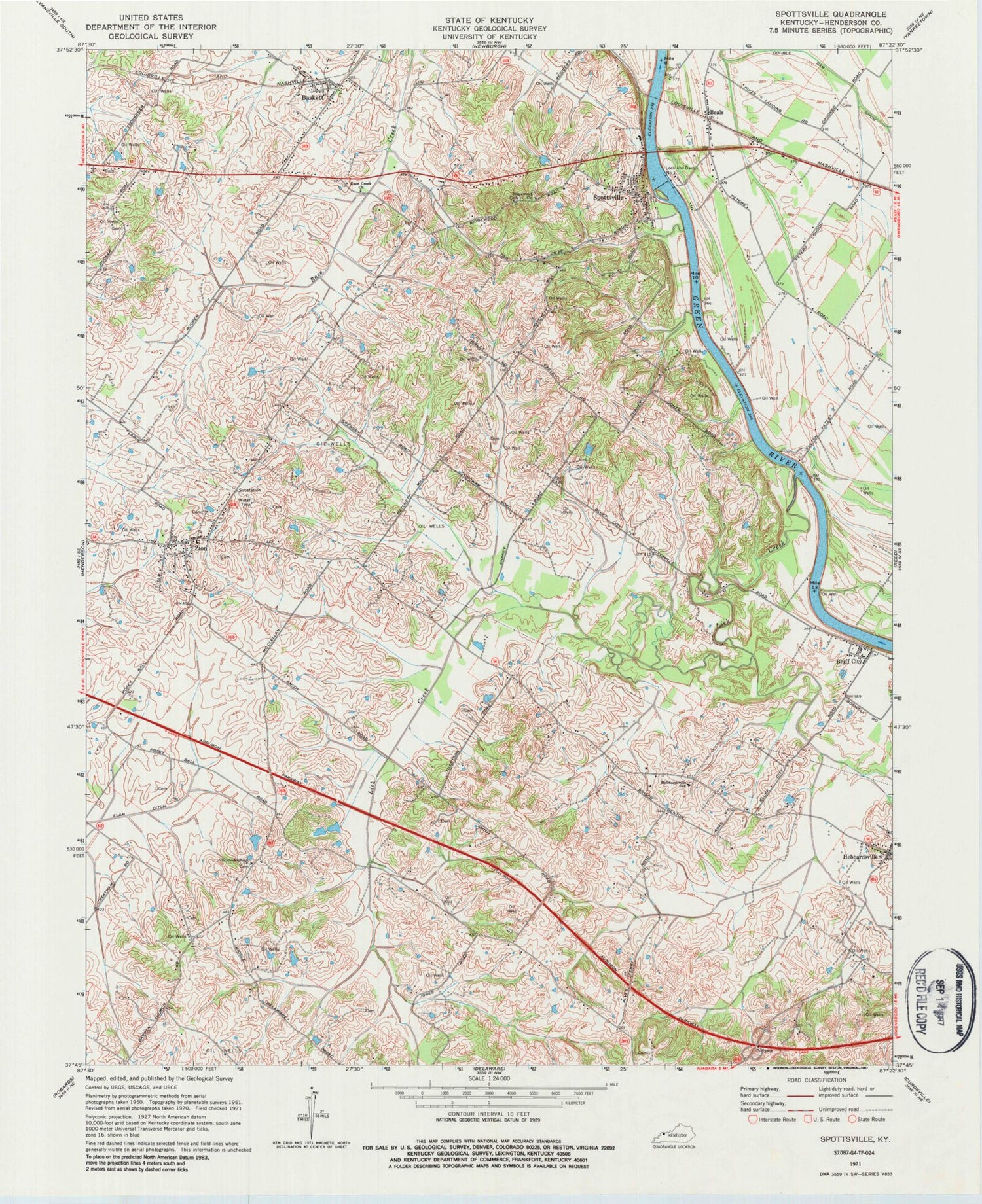 Classic USGS Spottsville Kentucky 7.5'x7.5' Topo Map Image
