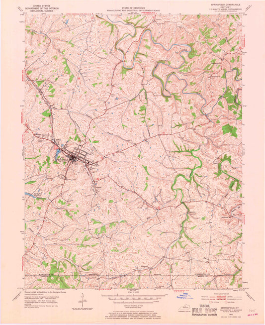 Classic USGS Springfield Kentucky 7.5'x7.5' Topo Map Image